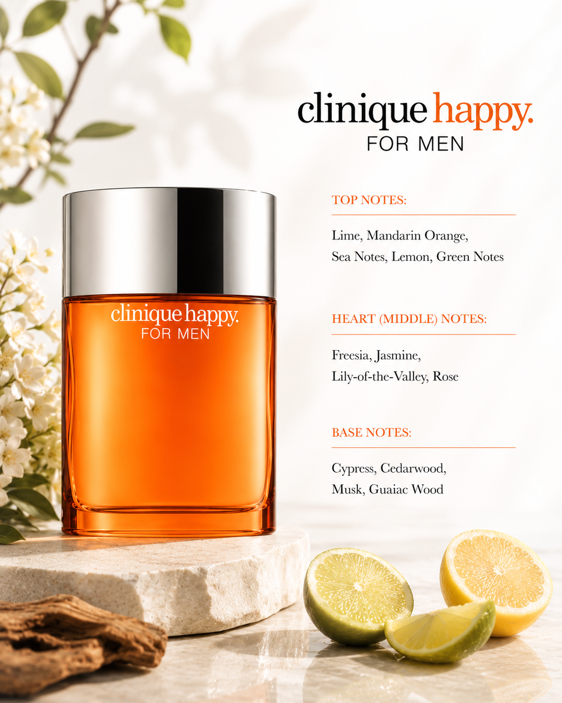 Clinique Happy For Men fragrance bottle with amber liquid and a silver cap, displayed on a stone slab with citrus slices and flowers. Text on the right lists top, heart, and base notes.