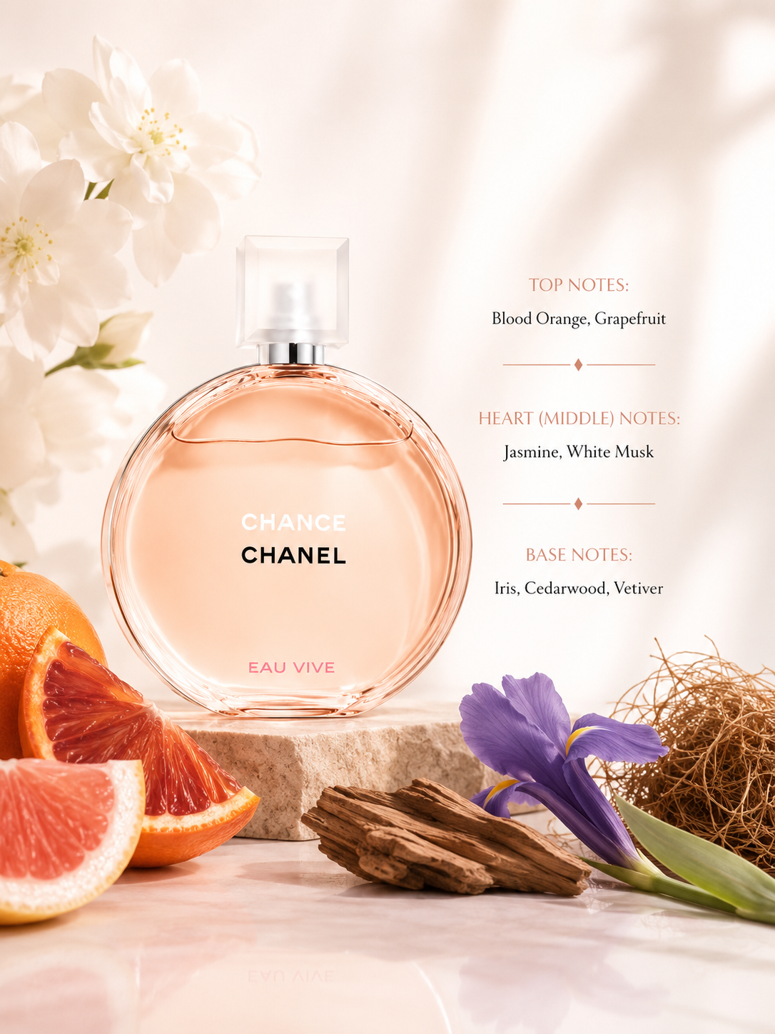 Chanel Eau Vive perfume bottle in a round glass shape, filled with pale pink liquid, displayed on a stone pedestal with citrus slices, a purple iris flower, cinnamon sticks, and dried botanicals around it. White flowers and soft sunlight are in the background, with fragrance notes printed on the right side.