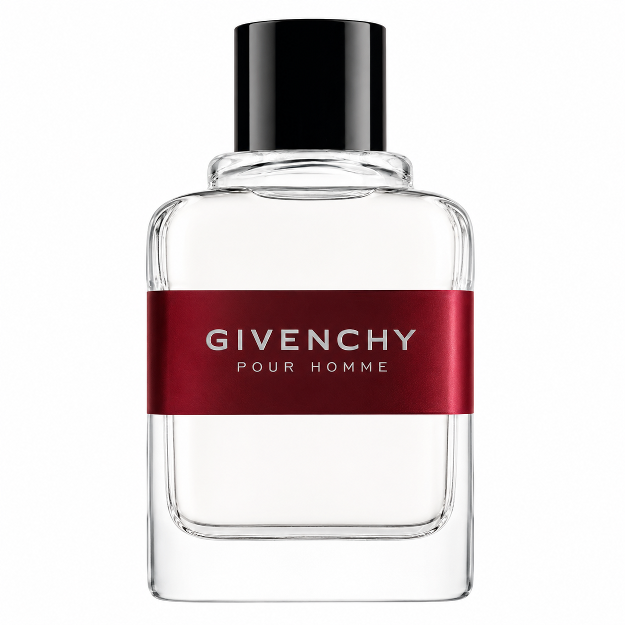 Givenchy Pour Homme Eau de Toilette bottle isolated on a white background, featuring a transparent rectangular glass bottle with rounded edges, a bold red band across the center displaying the Givenchy logo, and a glossy black cap.