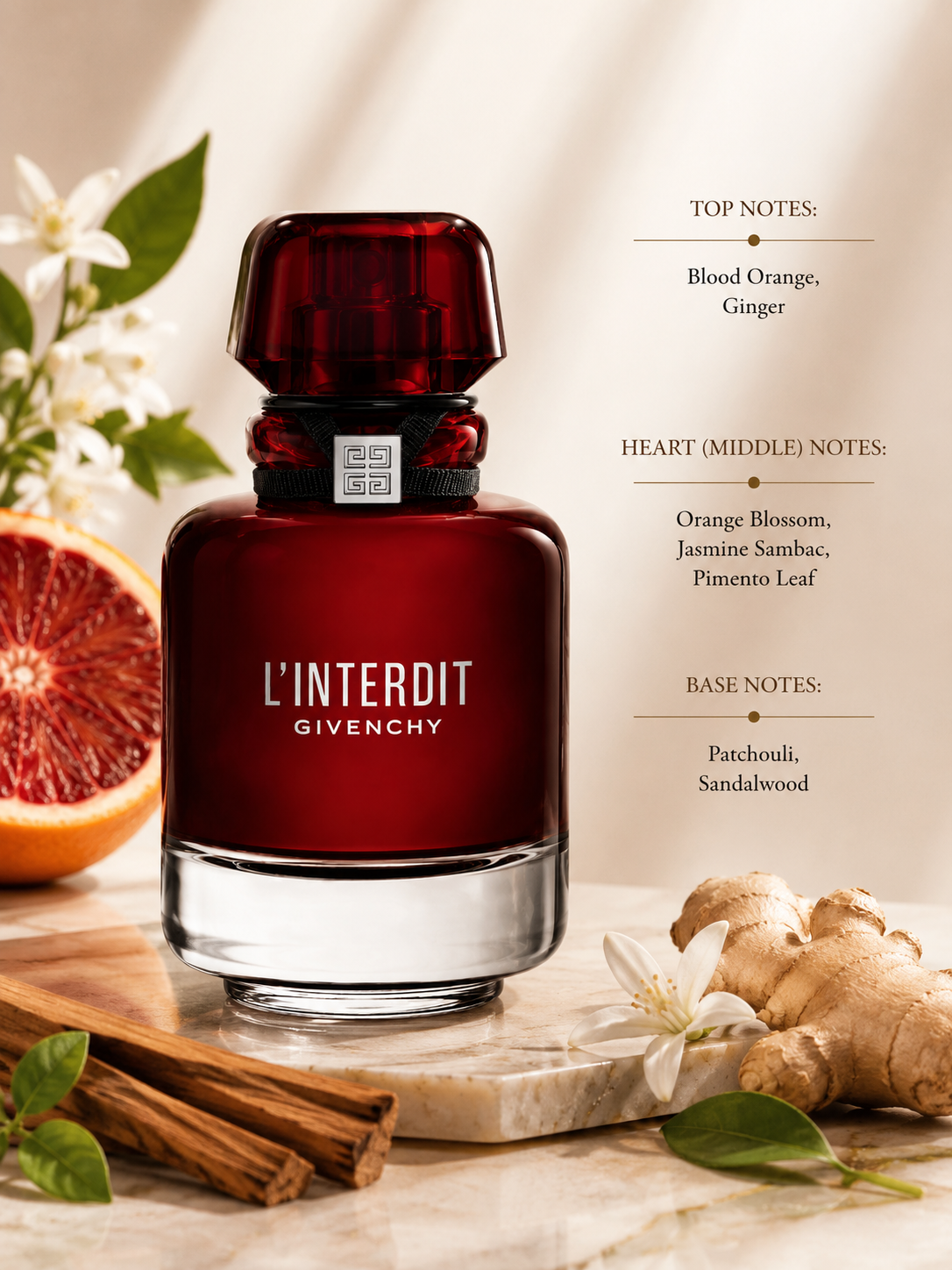 Givenchy L'Interdit Rouge Eau de Parfum displayed with fragrance notes, surrounded by blood orange, ginger root, orange blossom, jasmine flowers, cinnamon sticks and sandalwood, highlighting its spicy floral and woody composition.