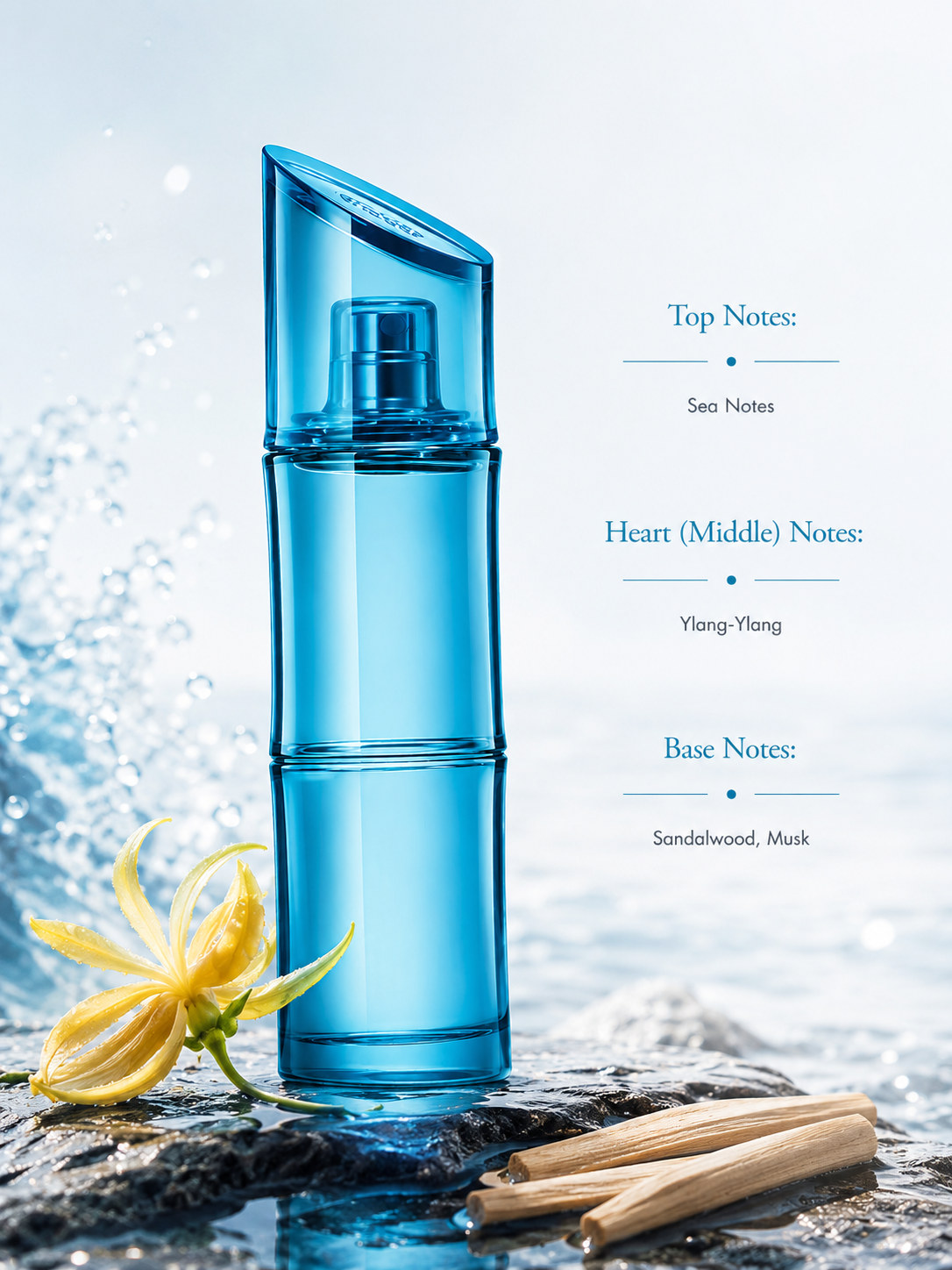 Kenzo L'Eau Kenzo Pour Femme Hyper Wave Eau de Toilette displayed with its fragrance notes, surrounded by ocean water, ylang-ylang flower, sandalwood, and musk, highlighting its fresh aquatic floral fragrance with marine, floral, and woody accords.
