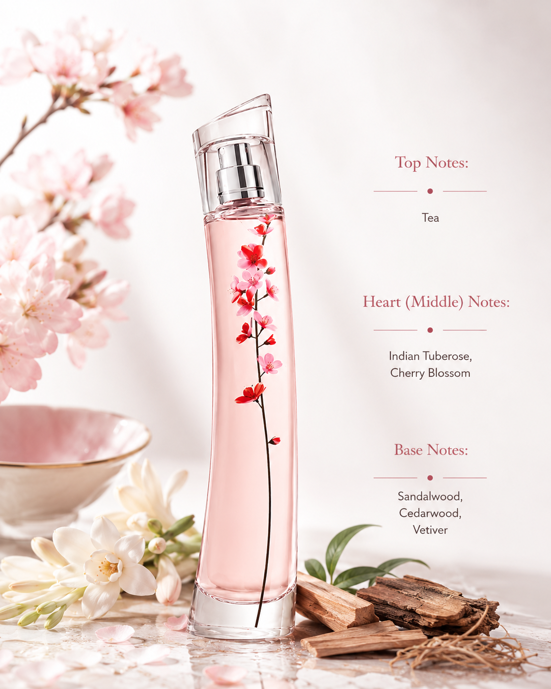 Kenzo Flower by Kenzo Cherry Poppy Eau de Parfum displayed with its fragrance notes, surrounded by cherry blossoms, white flowers, tea, sandalwood, cedarwood, and vetiver, highlighting its floral woody fragrance with tea, Indian tuberose, cherry blossom, sandalwood, cedarwood, and vetiver accords.