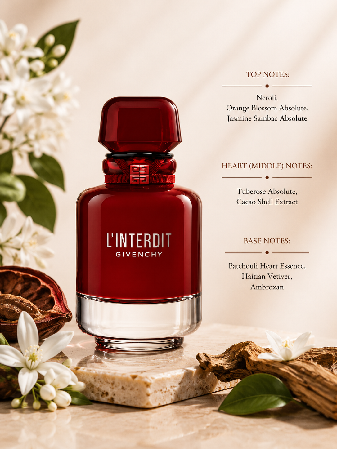 Givenchy L'Interdit Absolu Eau de Parfum displayed with fragrance notes, surrounded by neroli blossoms, orange blossom flowers, jasmine, cacao pod, patchouli wood and vetiver roots, highlighting its white floral, gourmand and woody composition.