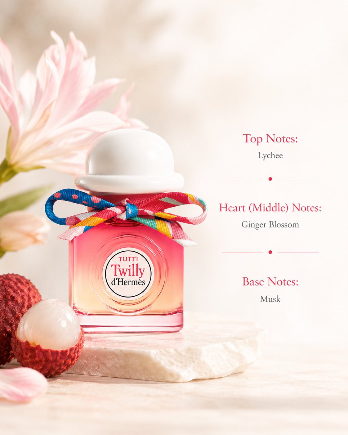 Hermès Tutti Twilly d'Hermès Eau de Parfum displayed with its fragrance notes, surrounded by fresh lychee fruit, delicate ginger blossom, and soft floral accents, highlighting its fruity floral musky fragrance composition.