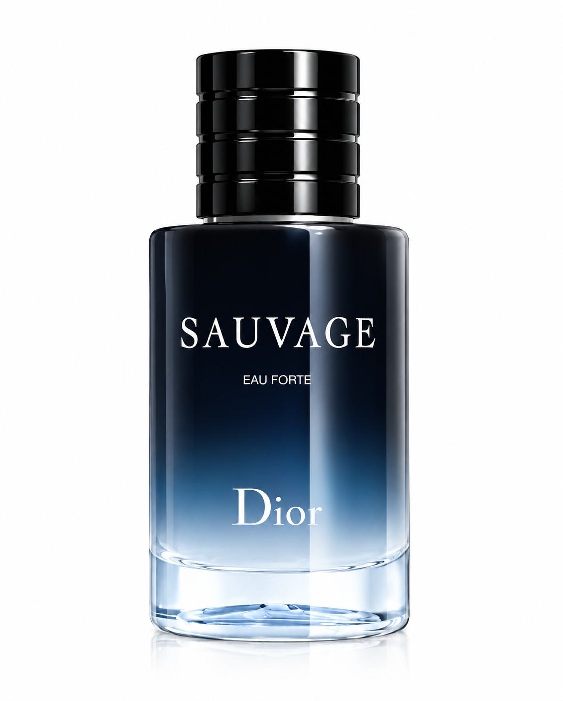 Dior Sauvage Eau Forte 60ml presented in its signature cylindrical bottle with a deep navy-to-clear gradient, glossy black cap and crisp white Dior branding, photographed against a pure white background.