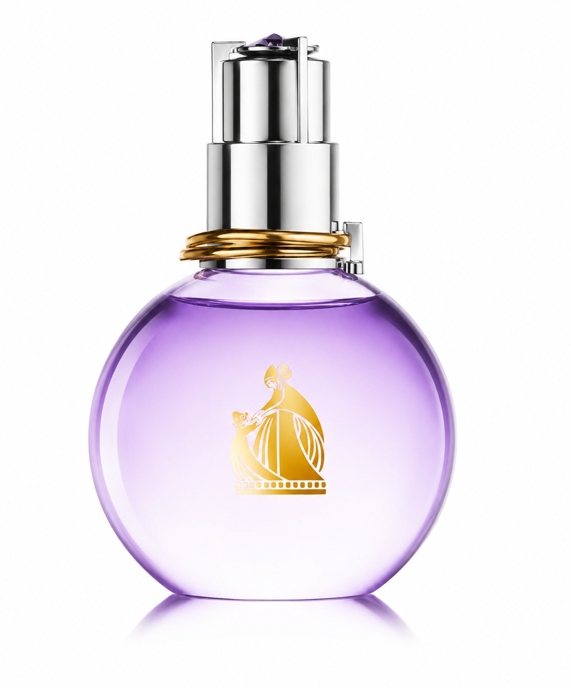 Lanvin Éclat d'Arpège Eau de Parfum bottle isolated on a white background, featuring the iconic round lavender glass bottle with a silver spray cap, gold neck ring, and the signature gold mother-and-child logo on the front.