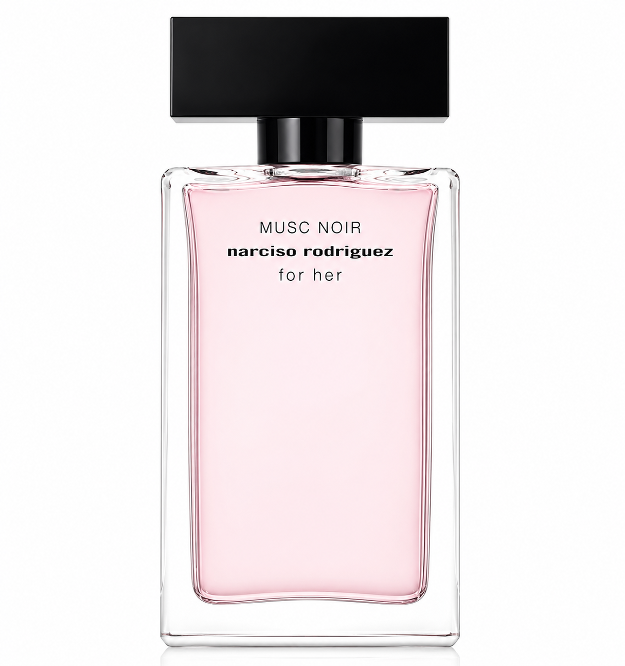 Narciso Rodriguez Musc Noir For Her Eau de Parfum bottle isolated on a white background, featuring a transparent rectangular glass bottle with a soft blush pink inner lacquer, a minimalist black rectangular cap, and elegant black typography for a modern, sophisticated appearance.