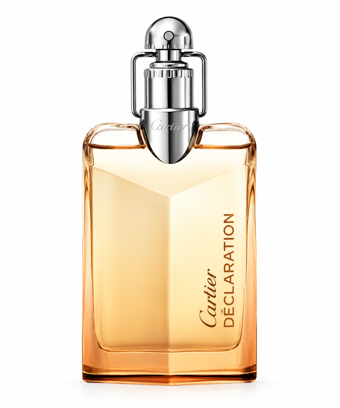 Cartier Déclaration perfume bottle with warm amber-colored fragrance and distinctive silver cap, presented front-facing on a clean white background.