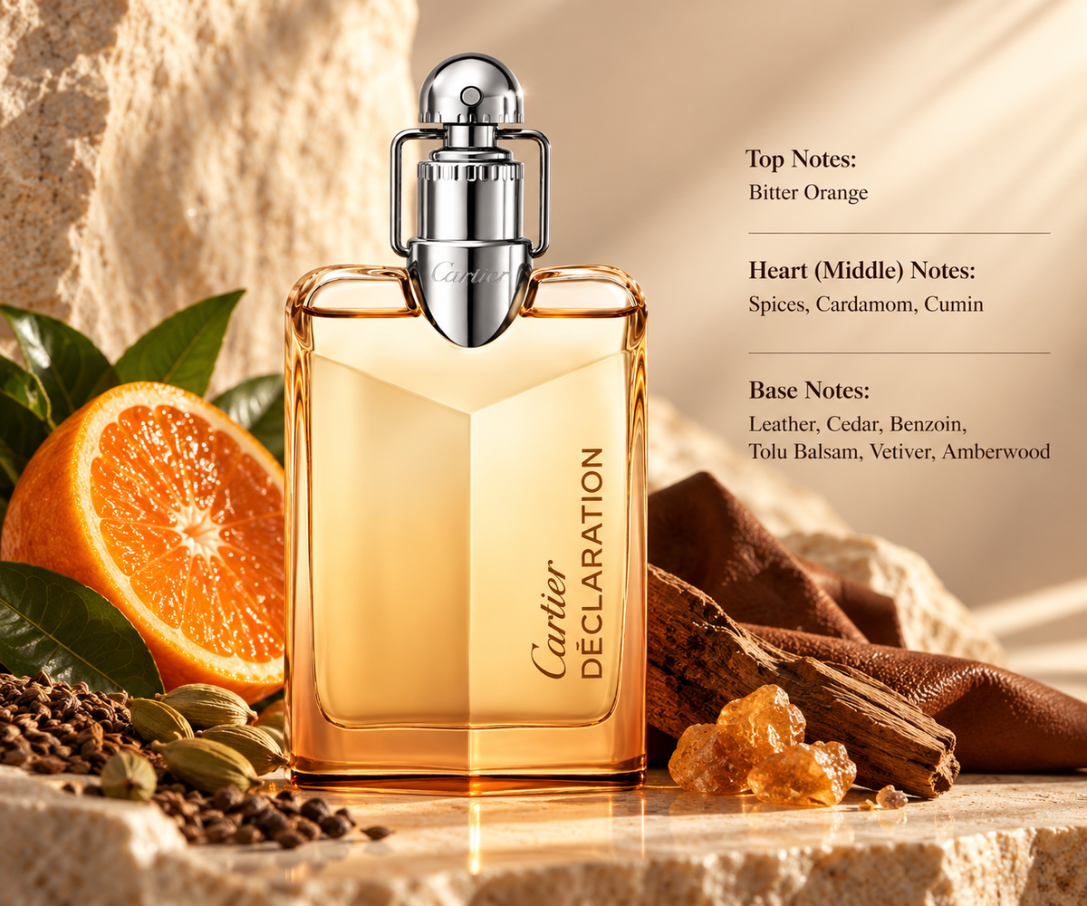 Cartier Déclaration perfume displayed in a warm elegant setting with bitter orange, cardamom, spices, cedarwood, leather and amber-toned elements reflecting its spicy woody fragrance profile.