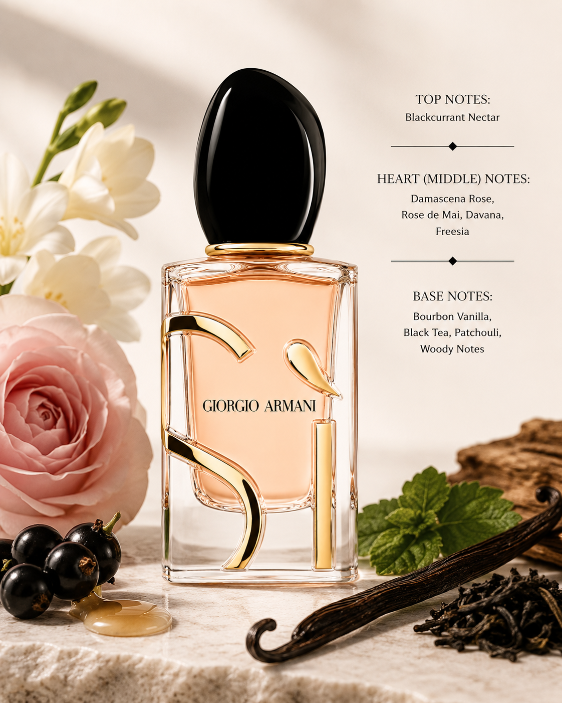 Armani Si perfume bottle with a black cap and gold accents, surrounded by floral and botanical props on a light textured surface. Text on the right lists fragrance notes: blackcurrant nectar, damascum rose, freesia, bourbon vanilla, black tea, patchouli, and woody notes.