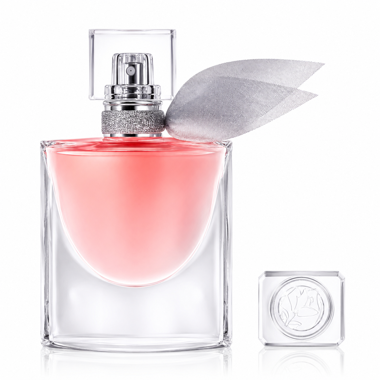 Lancôme La Vie Est Belle Eau de Parfum 30ml bottle isolated on a white background, featuring the iconic smile-inspired crystal glass bottle filled with soft pink fragrance, a sparkling silver neck, a sheer grey organza ribbon, and a transparent square cap.