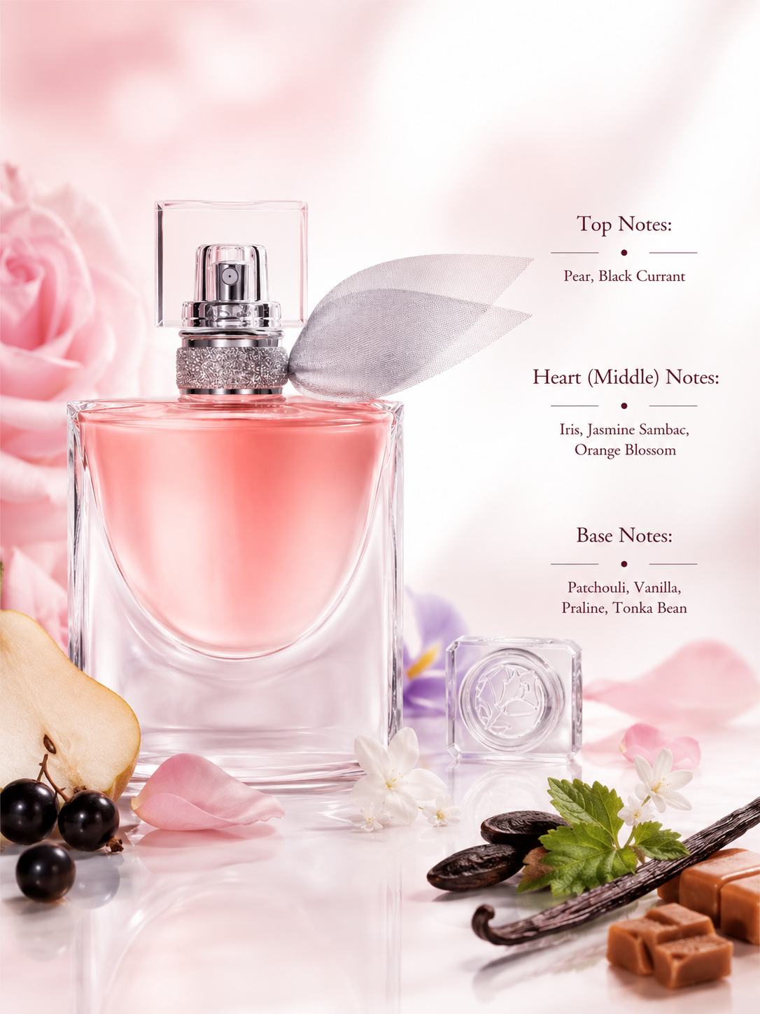 Lancôme La Vie Est Belle Eau de Parfum 30ml displayed with fragrance notes, surrounded by pear, blackcurrant, iris, jasmine, orange blossom, vanilla pods, praline, tonka bean, and patchouli, highlighting its sweet floral gourmand fragrance.