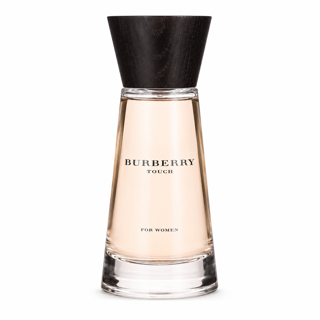 Burberry Touch for Women Eau de Parfum bottle with a slender clear glass design, soft blush fragrance and a distinctive dark wooden cap.