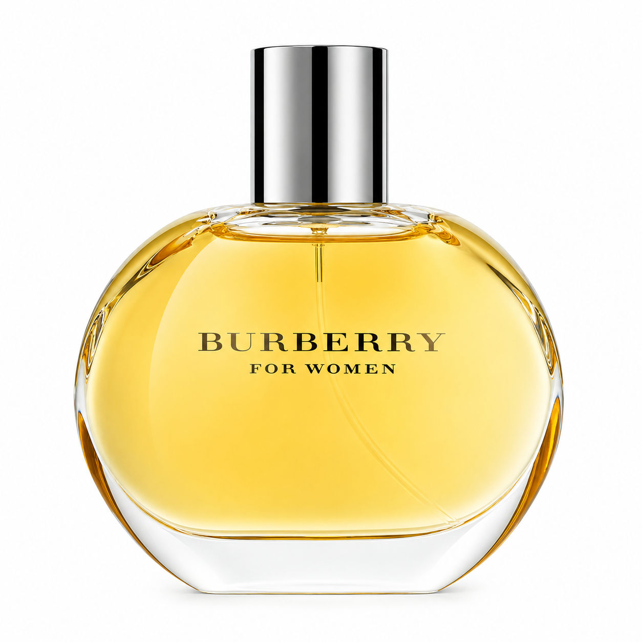 Burberry For Women Eau de Parfum bottle with a rounded clear glass design, golden fragrance and a minimalist silver cap.