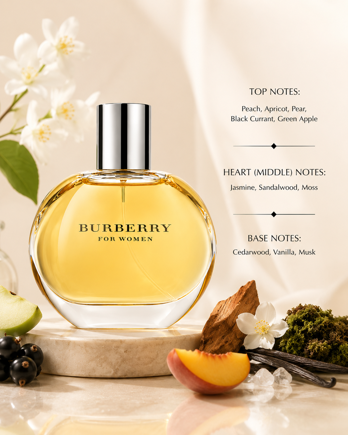 Burberry For Women perfume bottle with a silver cap and golden-yellow liquid, displayed on a marble pedestal with fruit slices, white blossoms, and scent notes text on a warm beige background.
