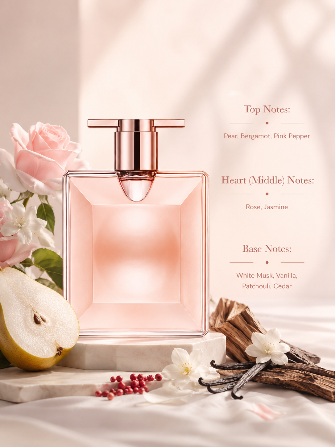 Lancôme Idôle Eau de Parfum displayed with its fragrance notes, surrounded by pear, pink rose, jasmine blossoms, vanilla pods, cedarwood, and pink pepper, highlighting its fresh fruity floral scent with soft musky woody undertones.