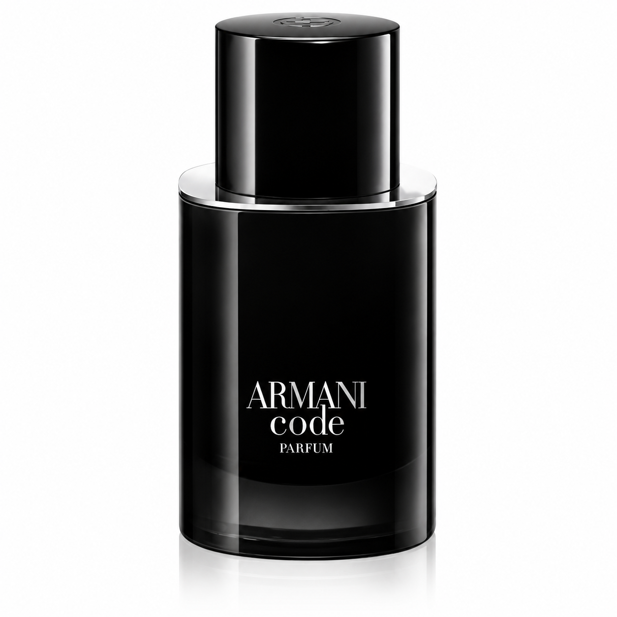 Giorgio Armani Armani Code Parfum bottle with a sleek glossy black cylindrical design and minimalist silver branding.