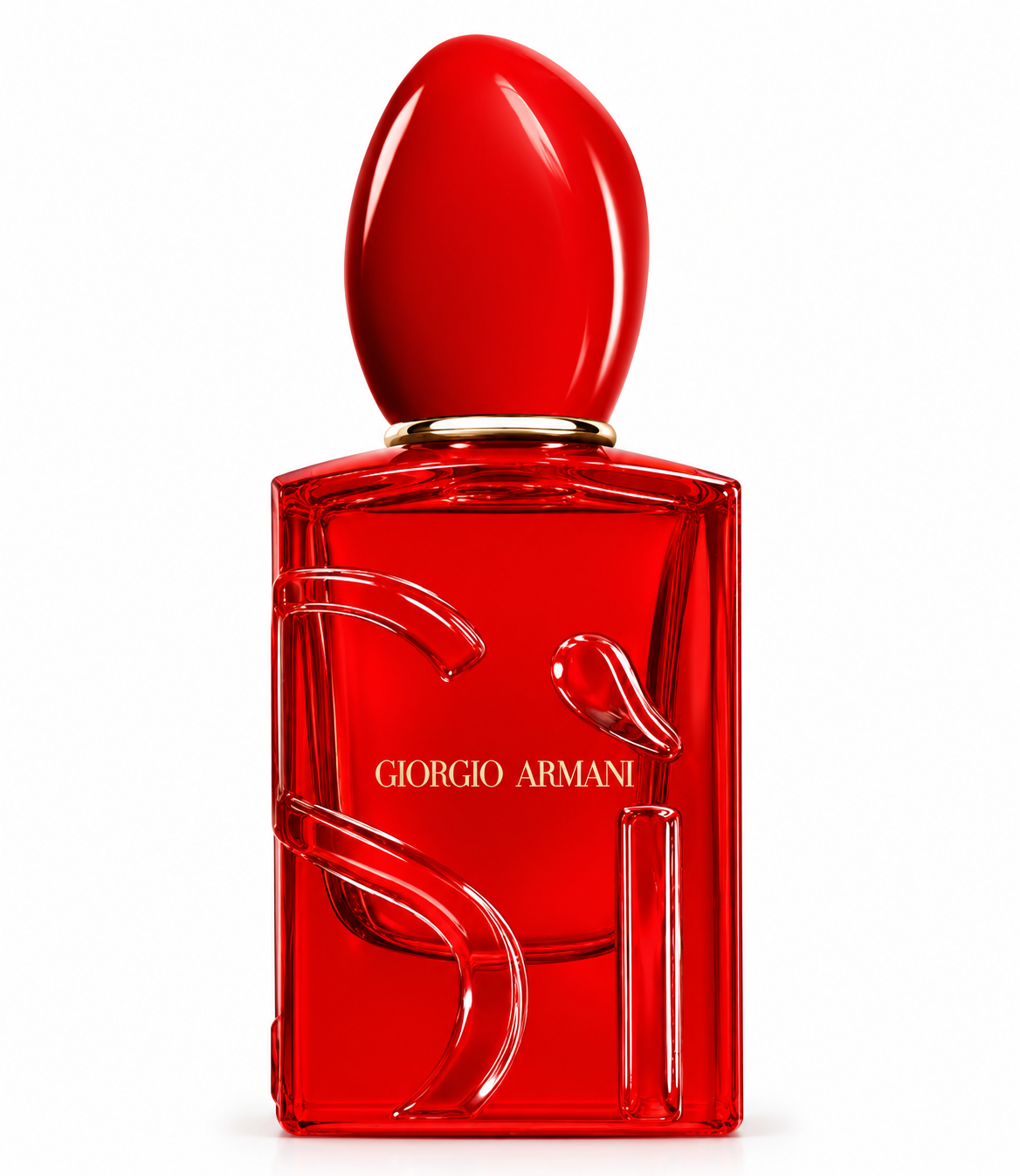 Giorgio Armani Sì Passione Red Musk perfume bottle in vibrant red glass with sculptural red cap and elegant gold Giorgio Armani lettering, photographed on a clean white background.