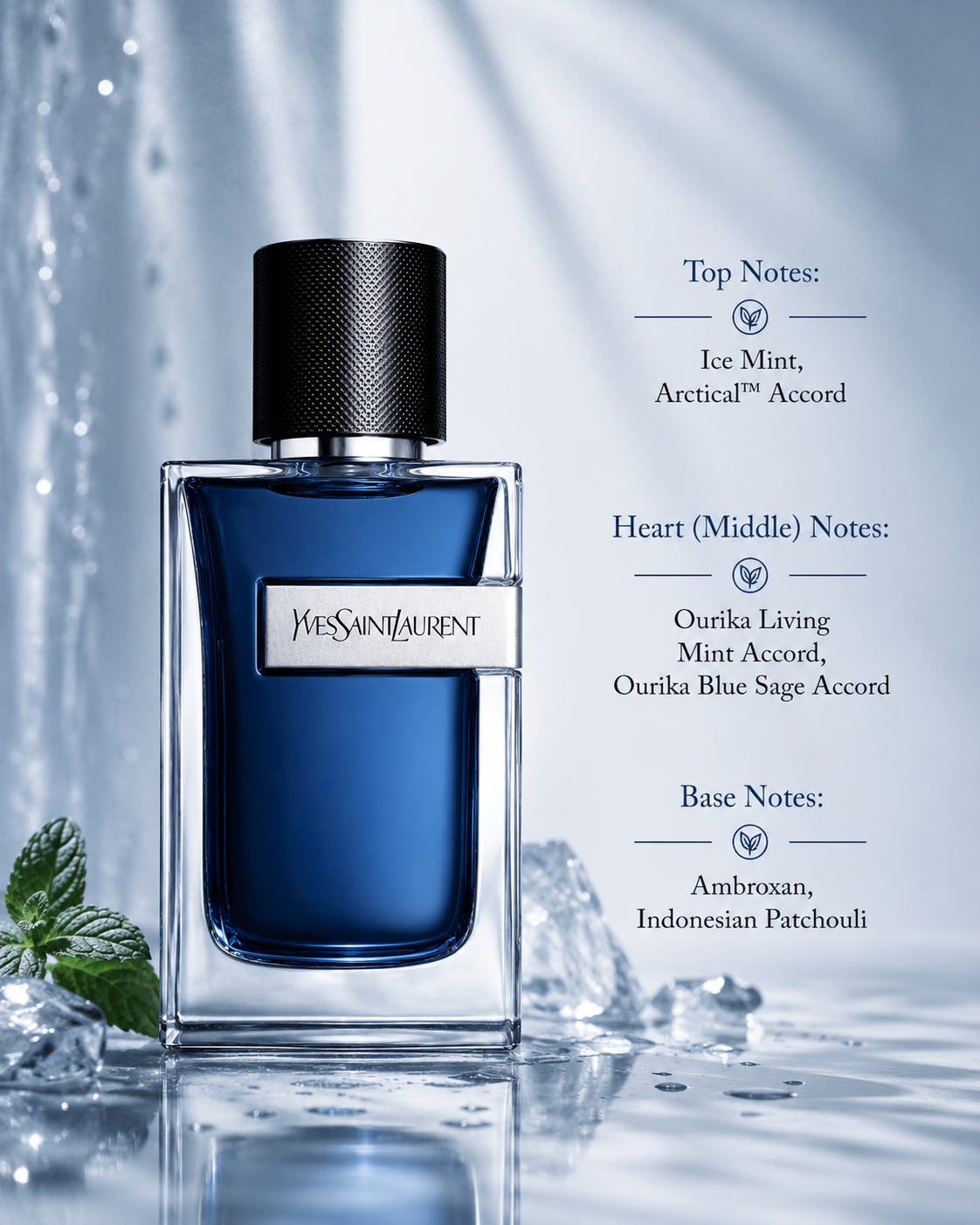 Yves Saint Laurent Y Eau de Parfum displayed with fragrance notes, surrounded by fresh mint leaves, ice, cool blue accents, and aromatic herbs, highlighting its icy mint opening, vibrant mint and blue sage heart, and warm ambroxan and patchouli base.