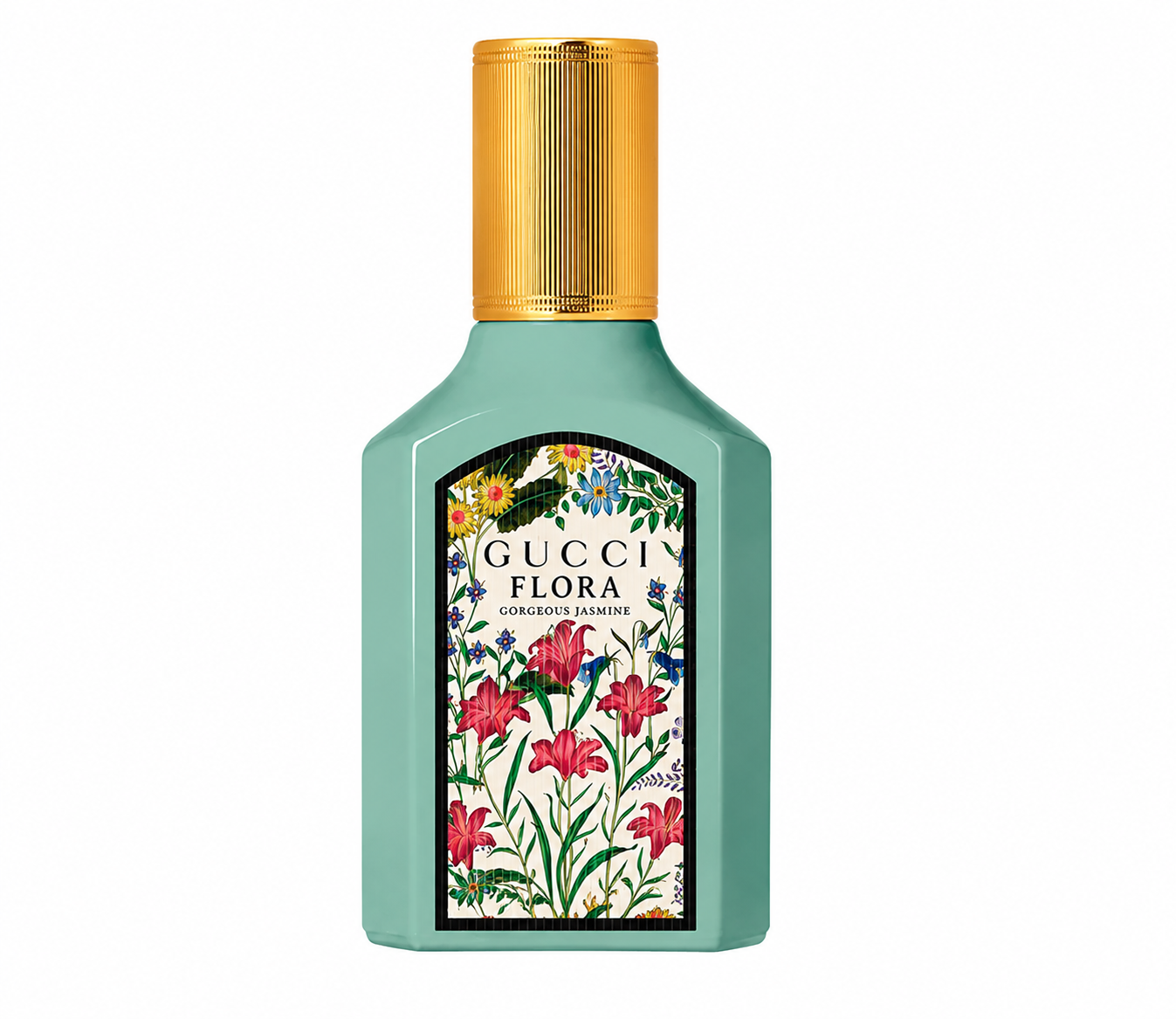 Gucci Flora Floral Essence perfume bottle in a mint green color with a gold cap and a colorful floral label, shown on a white background.