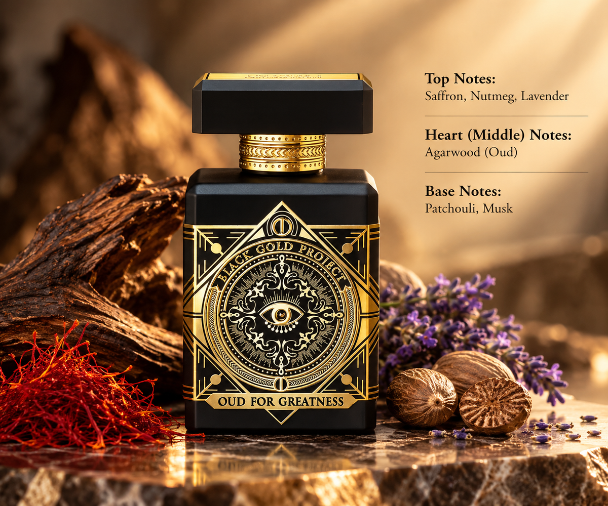 Oud for Greatness Black Gold Project perfume in an elegant black bottle with intricate gold detailing, surrounded by rich oud wood, saffron threads, nutmeg and lavender on a warm marble surface, reflecting its luxurious, intense, spicy, woody and musky fragrance.
