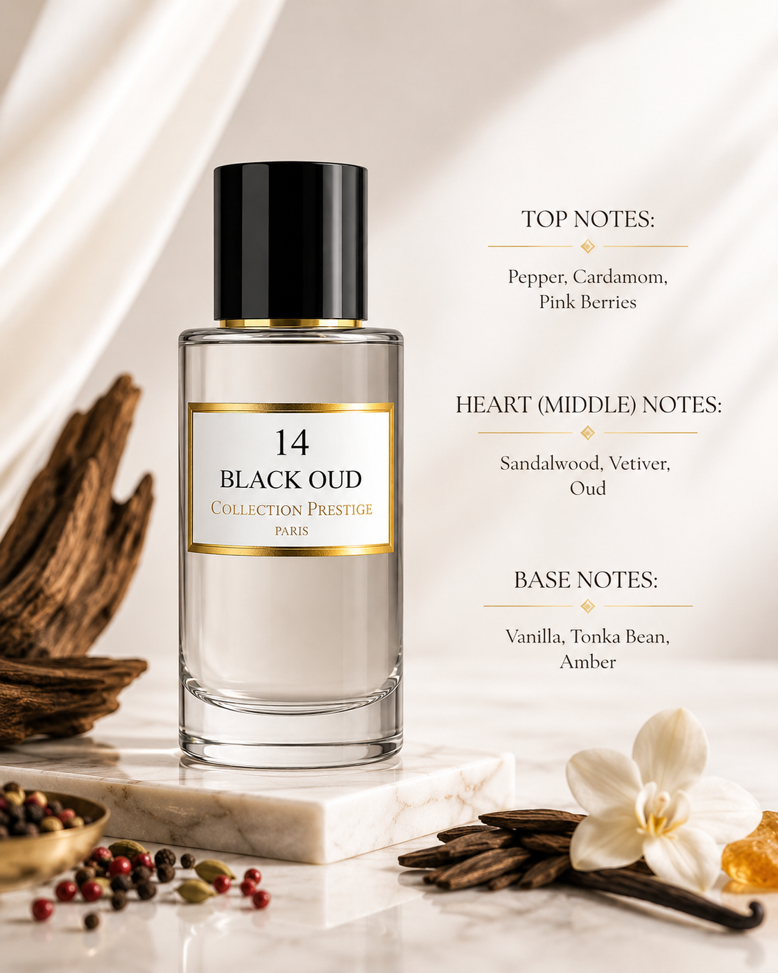 Collection Prestige Black Oud No. 14 Eau de Parfum displayed on a marble pedestal with oud wood, vanilla orchid, amber resin, peppercorns, and warm neutral drapery, highlighting its refined oriental character. This sophisticated fragrance blends spicy pepper, cardamom, and pink berries with an elegant heart of sandalwood, vetiver, and oud before finishing with a smooth base of vanilla, tonka bean, and amber for a deep, luxurious, and long-lasting scent.