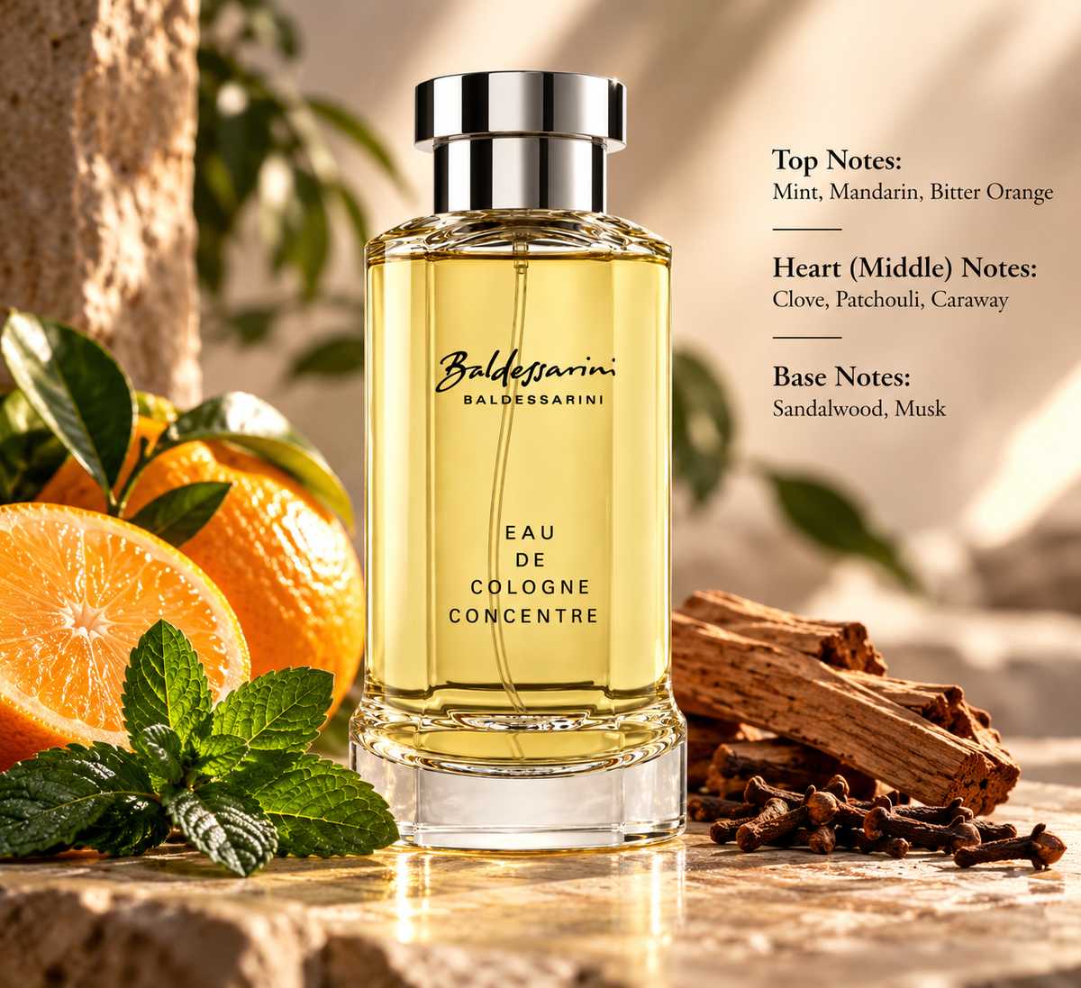 Baldessarini Eau de Cologne Concentrée men’s fragrance presented with fresh mint and mandarin, bitter orange, aromatic cloves and warm woods, reflecting its citrus-spicy character with patchouli, sandalwood and musk.