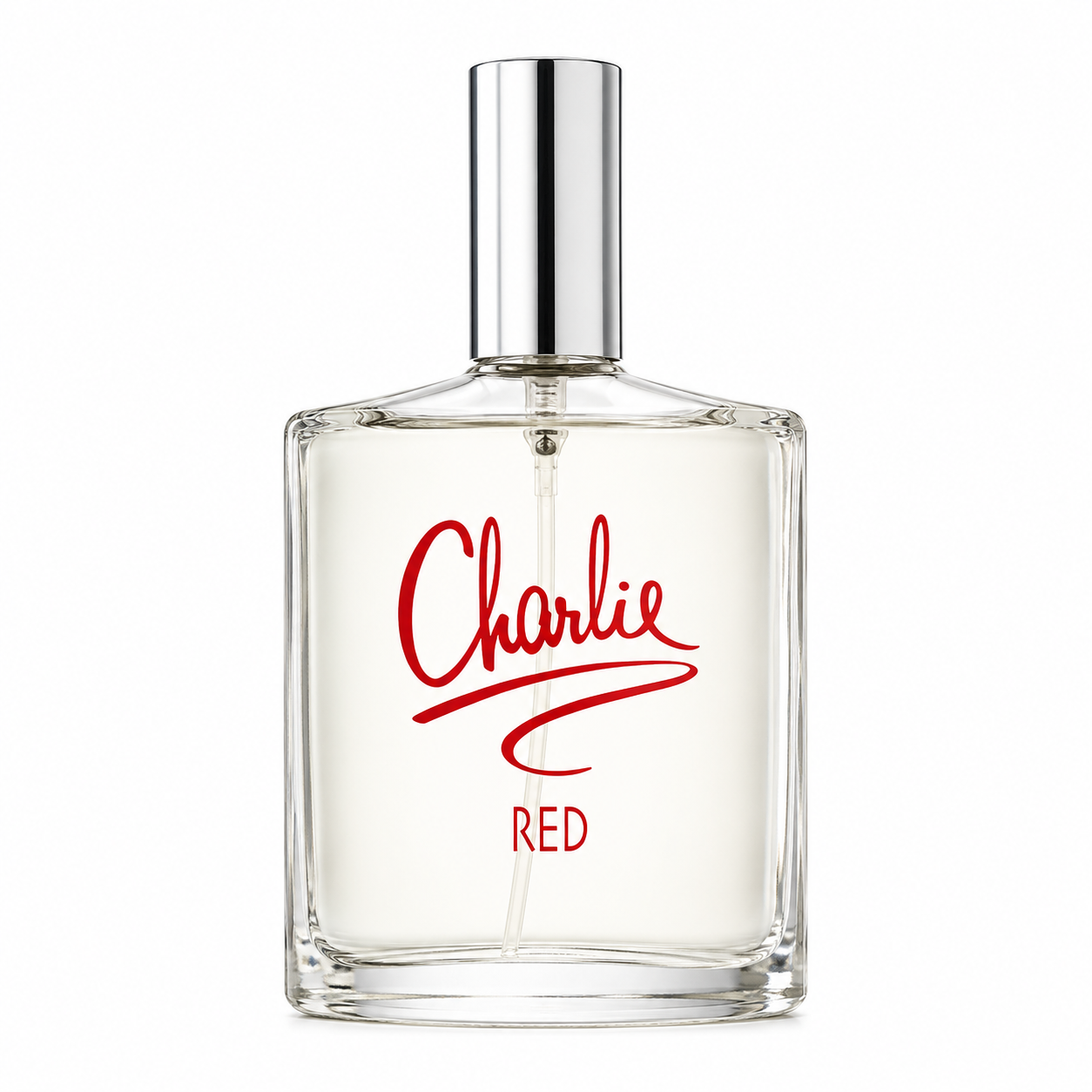 Revlon Charlie Red Eau de Toilette bottle isolated on a white background, featuring a clear rectangular glass bottle with a polished silver cap and bold red Charlie logo, showcasing a simple, timeless, and elegant fragrance design.