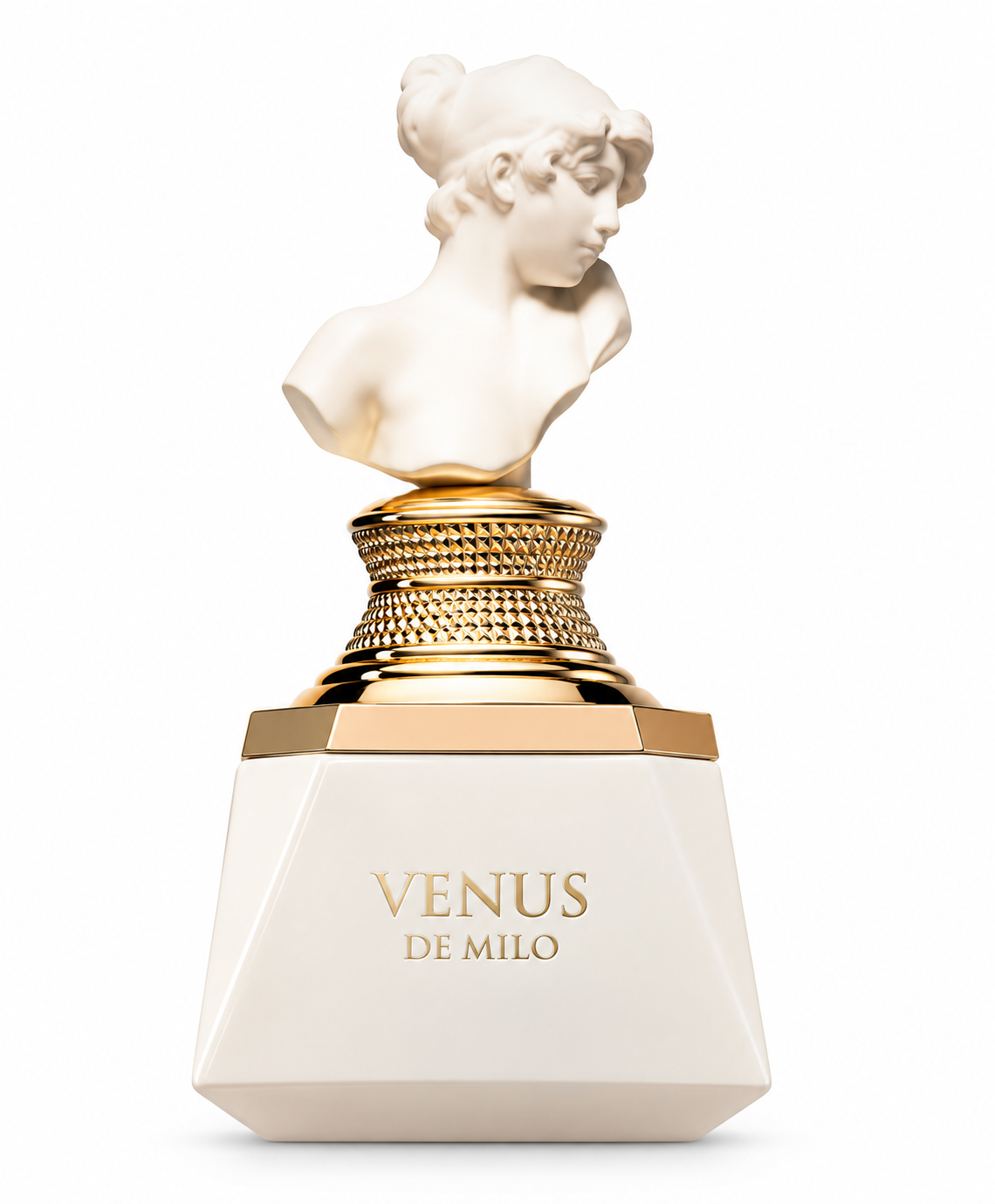 Venus de Milo perfume bottle in elegant ivory and gold, featuring a sculptural classical female bust cap, textured gold collar and refined geometric bottle design on a clean white background.