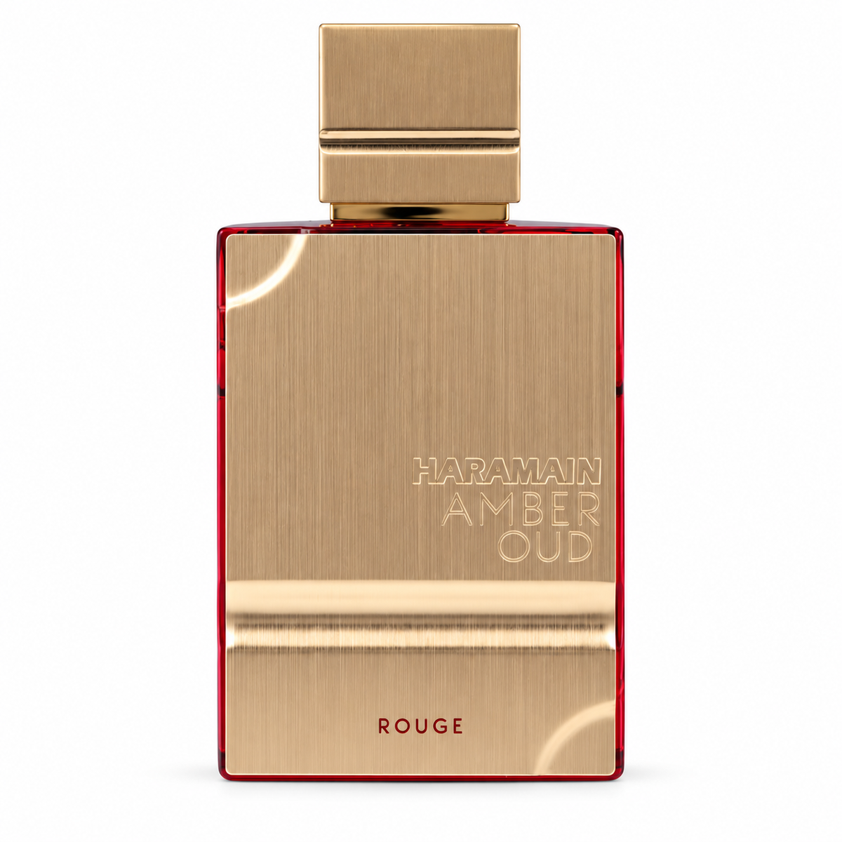 Al Haramain Amber Oud Rouge perfume in an elegant rectangular bottle with a brushed gold metallic finish, deep red glass edges and matching gold cap. The luxurious fragrance bottle features embossed Amber Oud lettering and Rouge branding, photographed on a clean white background.