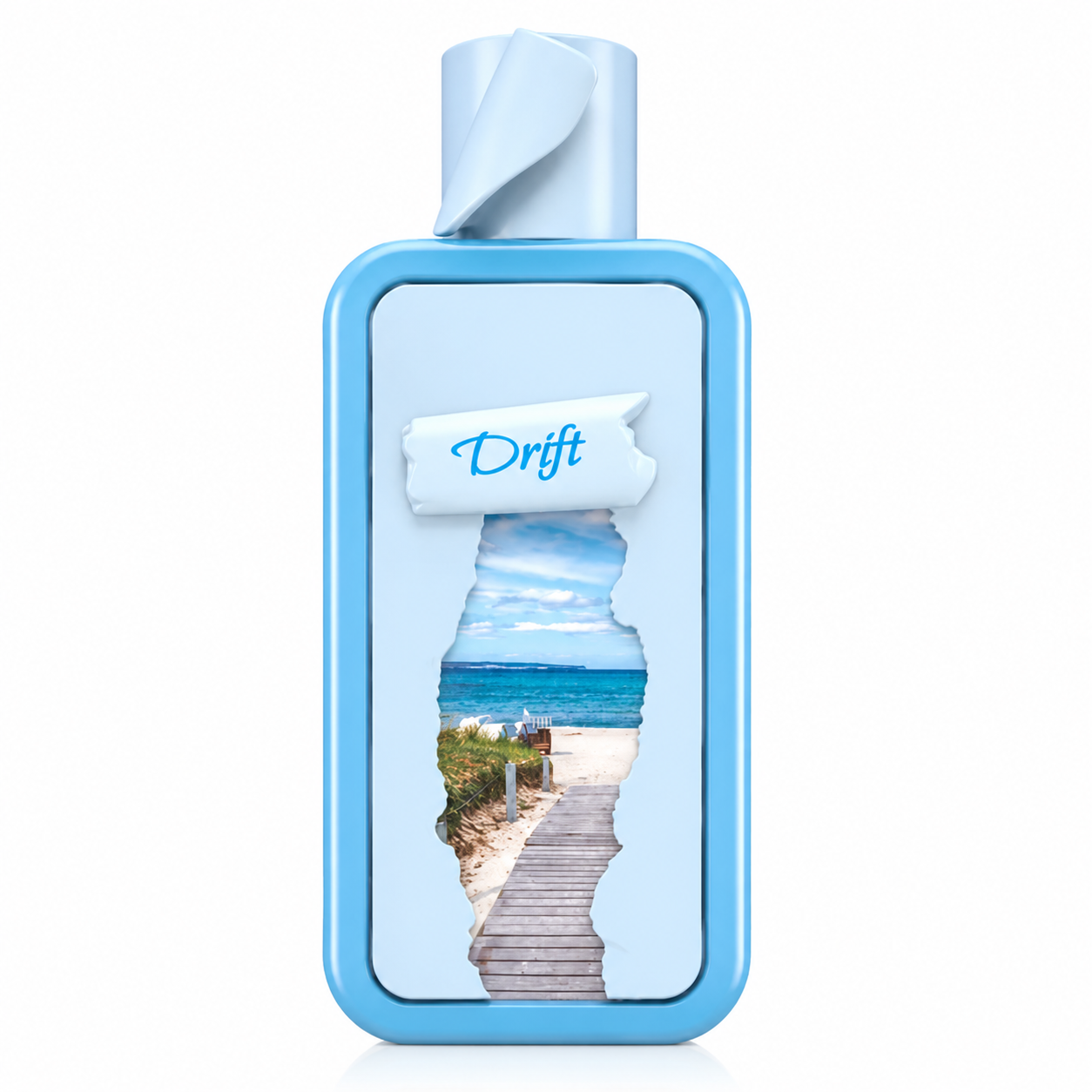 Drift Eau de Parfum in a modern sky-blue bottle featuring a coastal boardwalk illustration, isolated on a clean white background. This fresh woody fragrance opens with bright lemon zest, grapefruit, and pink pepper, develops into an aromatic heart of cedarwood, clary sage, and ginger, and finishes with warm labdanum, sandalwood, amber, and resin for a clean, sophisticated, and long-lasting scent.