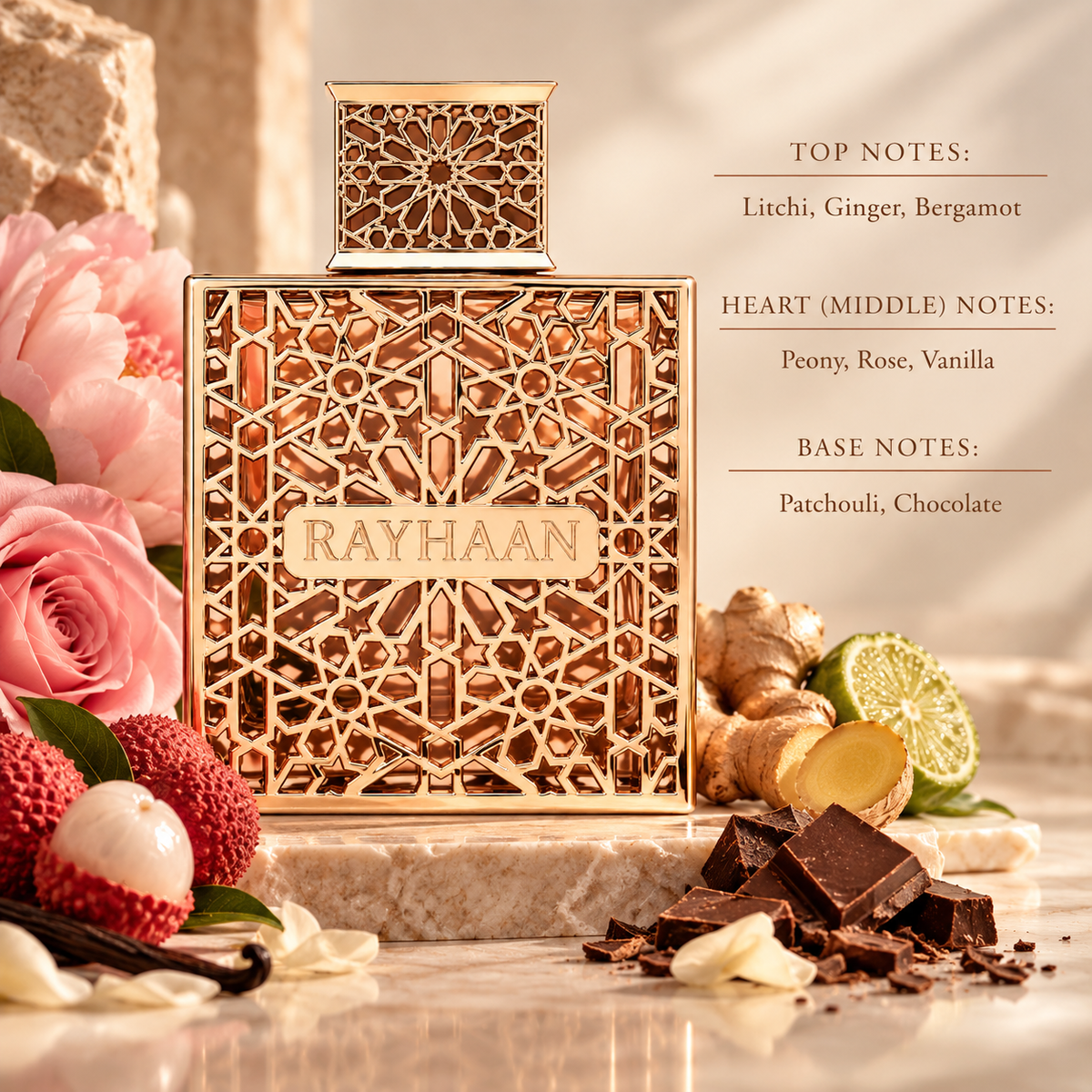 Rayhaan Divine styled in a warm, refined floral-gourmand setting, surrounded by lychee, ginger and bergamot accents, soft peony and rose blossoms, vanilla, patchouli and rich chocolate, reflecting the fragrance’s feminine and indulgent character.
