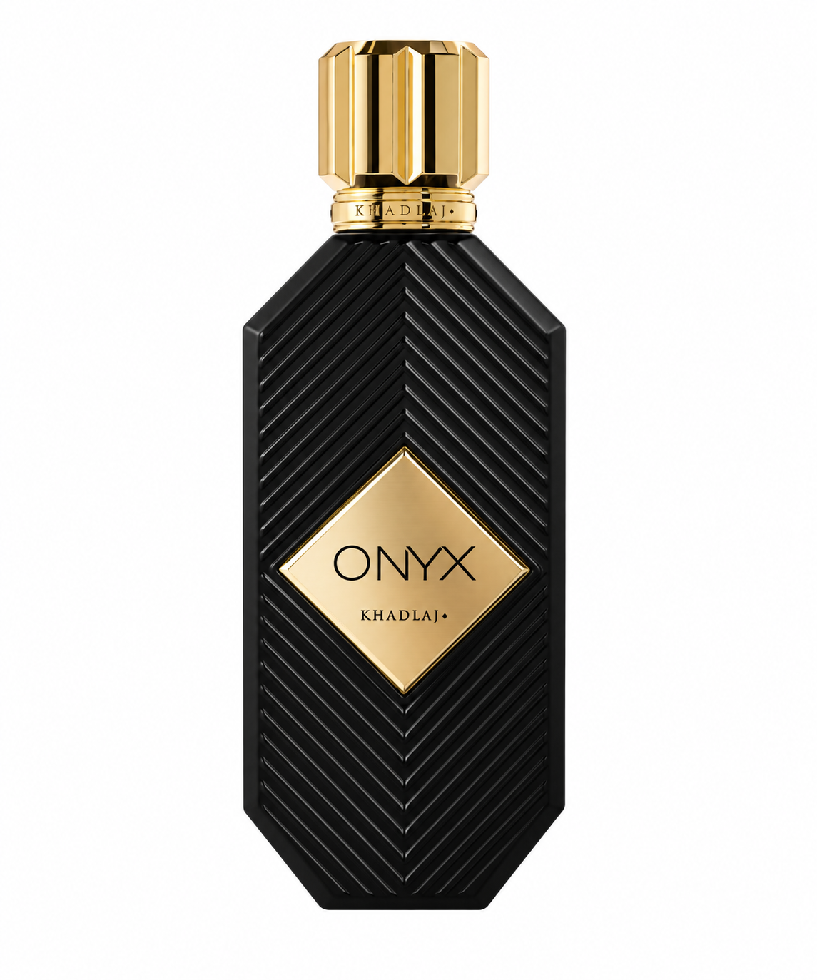 Khadlaj Onyx Gold perfume presented in a striking matte black bottle with a geometric chevron texture, polished gold diamond-shaped label and a sculpted metallic gold cap for a bold, luxurious finish.