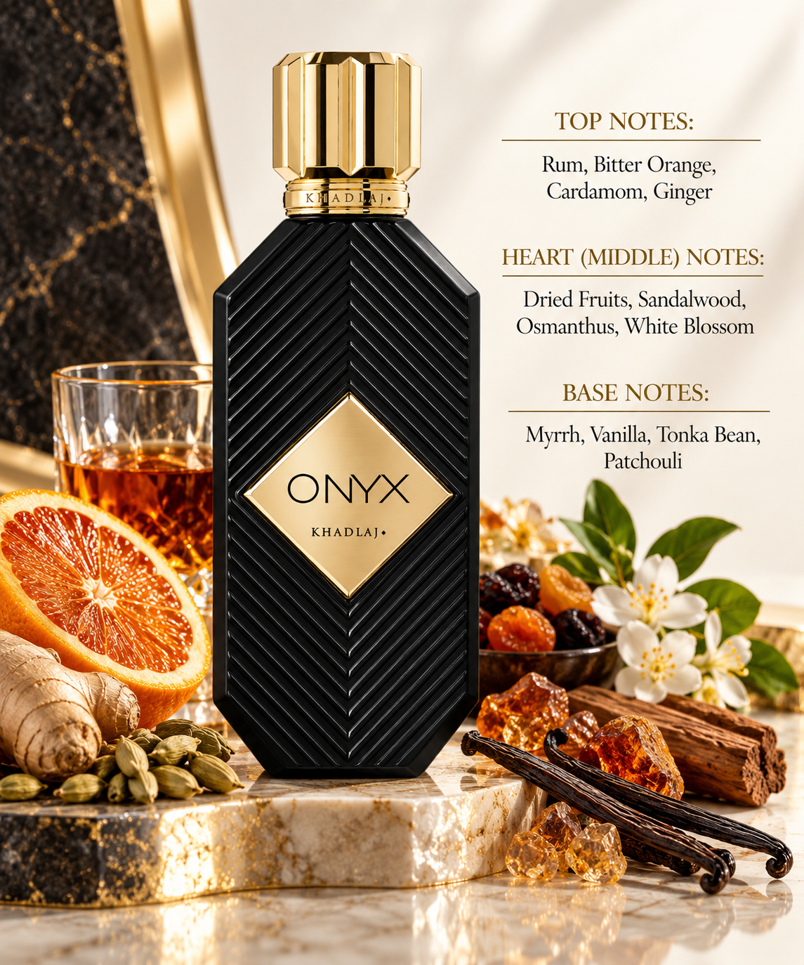 Khadlaj Onyx Gold styled in a rich, sophisticated setting with bitter orange, ginger and cardamom alongside dried fruits, white blossoms, warm woods, vanilla, myrrh and amber-toned accents, reflecting its deep spicy, fruity and gourmand character.