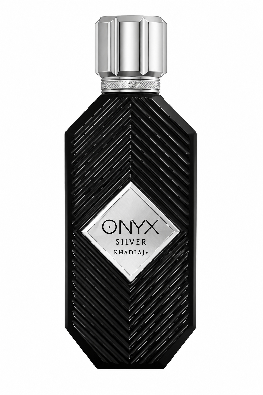 Khadlaj Onyx Silver perfume presented in a sleek matte black bottle with a geometric chevron texture, contrasted by a brushed silver diamond-shaped label and sculpted metallic silver cap for a modern, sophisticated finish.