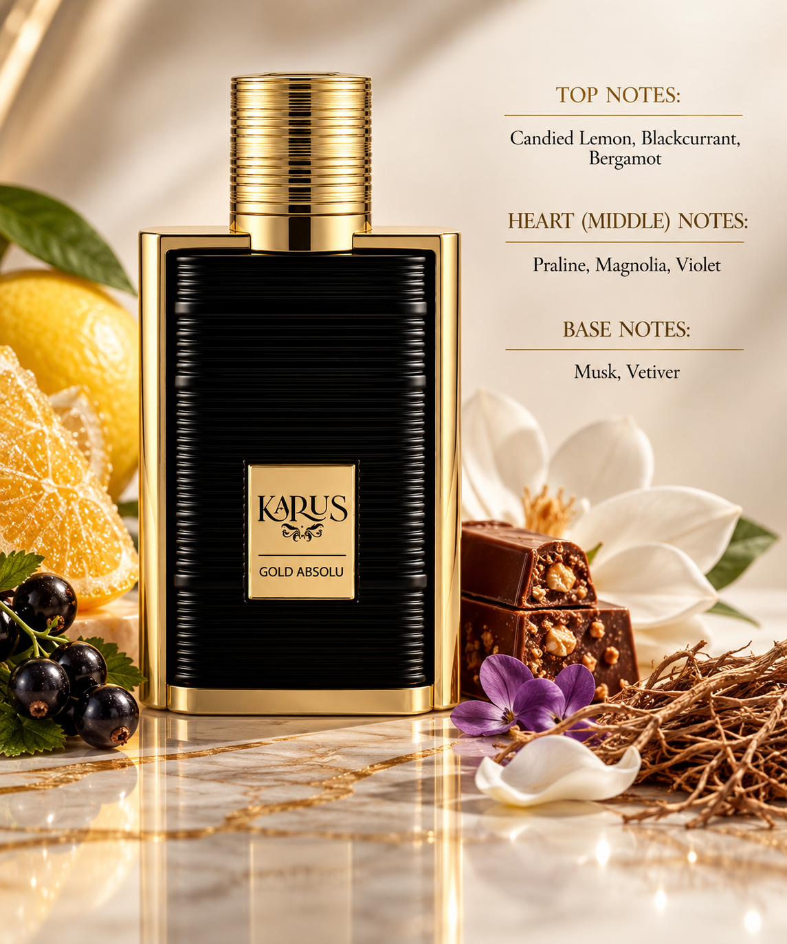 Khadlaj Karus Gold Absolu styled with candied lemon, blackcurrant, bergamot, praline, magnolia, violet and vetiver-inspired elements, creating an elegant visual expression of its bright citrus-fruity opening, indulgent floral-gourmand heart and sophisticated musky-woody finish.