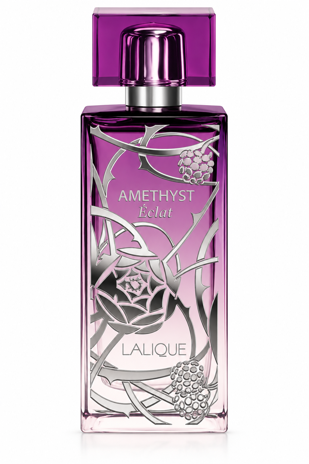 Lalique Amethyst Éclat perfume in an elegant tall pink and purple glass bottle with intricate silver botanical detailing and a deep amethyst geometric cap, photographed on a clean white background.
