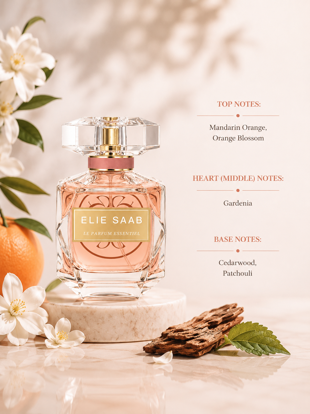 Elie Saab Le Parfum Essentiel with fragrance notes, displayed beside mandarin, orange blossom, gardenia, cedarwood and patchouli, highlighting its elegant floral woody composition.