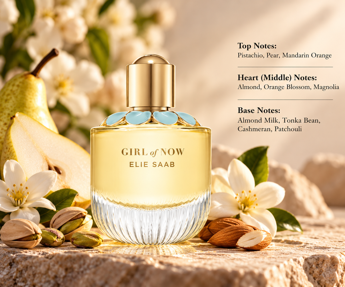 Elie Saab Girl of Now Eau de Parfum for women in an elegant golden bottle with turquoise floral accents, surrounded by fresh pears, pistachios, almonds and delicate white blossoms on a warm beige stone surface, reflecting its luxurious, creamy, nutty and sweet floral fragrance.