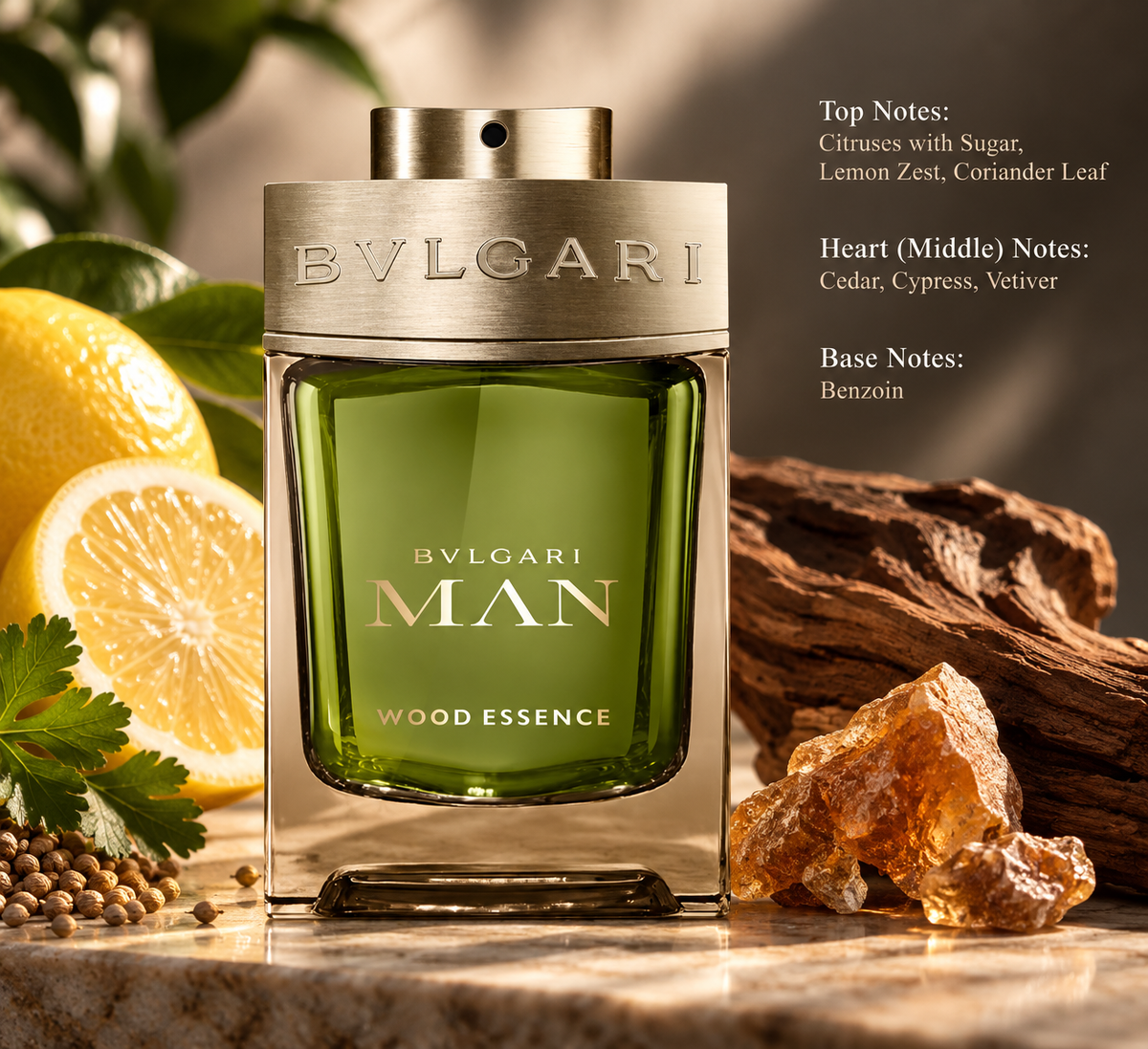 Bvlgari Man Wood Essence men's perfume in an elegant green glass bottle with gold detailing, surrounded by fresh lemons, coriander leaves, aromatic woods and amber resin. A sophisticated woody citrus fragrance featuring lemon zest, cedarwood, cypress, vetiver and benzoin, presented in a warm luxury setting.