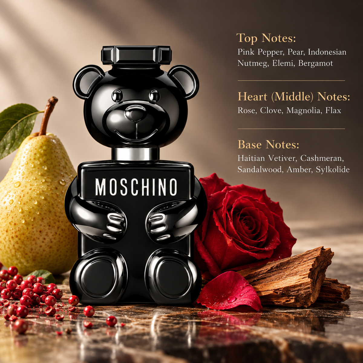 Moschino Toy Boy Eau de Parfum for men in its iconic glossy black teddy bear-shaped bottle, surrounded by fresh pear, red roses, pink peppercorns and sandalwood. A sophisticated spicy woody floral fragrance with bergamot, nutmeg, clove, vetiver, amber and musk, presented in an elegant, warm-toned setting.