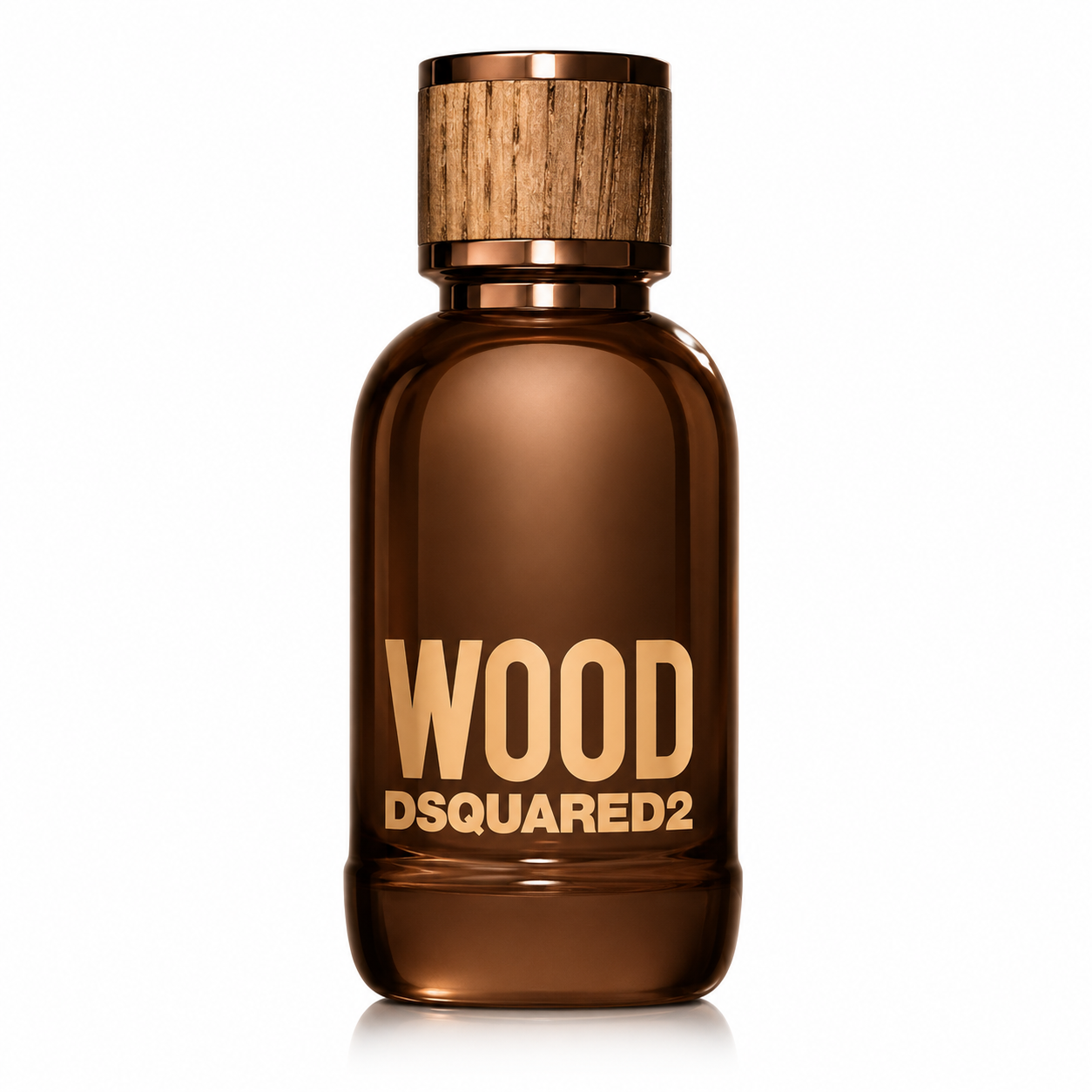 Dsquared2 Wood Eau de Toilette bottle isolated on a white background, featuring an amber brown glass flacon with a natural wood-effect cap and bronze metallic accents.
