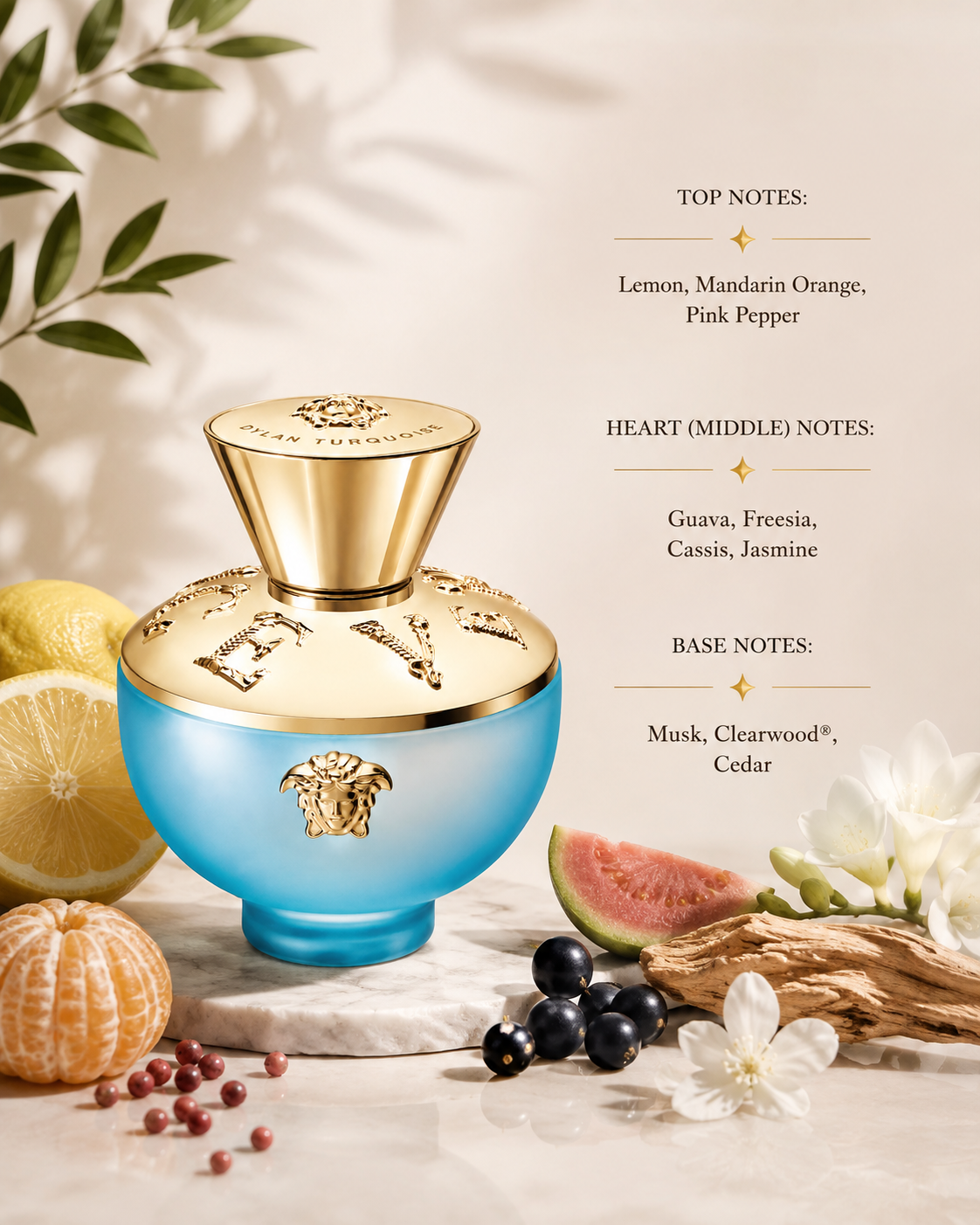 Versace Dylan Turquoise Pour Femme Eau de Toilette elegantly displayed on a refined beige travertine marble pedestal in warm Mediterranean sunlight. The composition is surrounded by fresh lemons, peeled mandarin oranges, pink peppercorns, ripe guava slices, black currants (cassis), white freesia blossoms, delicate jasmine flowers, smooth cedar wood, soft white musk-inspired elements and subtle clean woody textures.