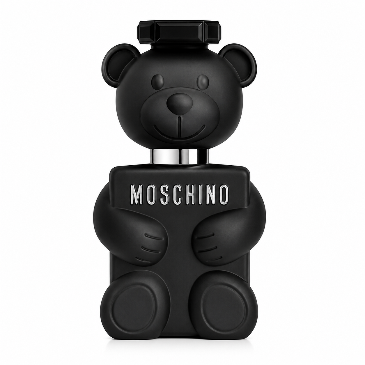 Moschino Toy Boy Eau de Parfum bottle isolated on a white background, featuring the iconic matte black teddy bear-shaped bottle with a glossy black geometric cap and silver "MOSCHINO" logo across the chest.
