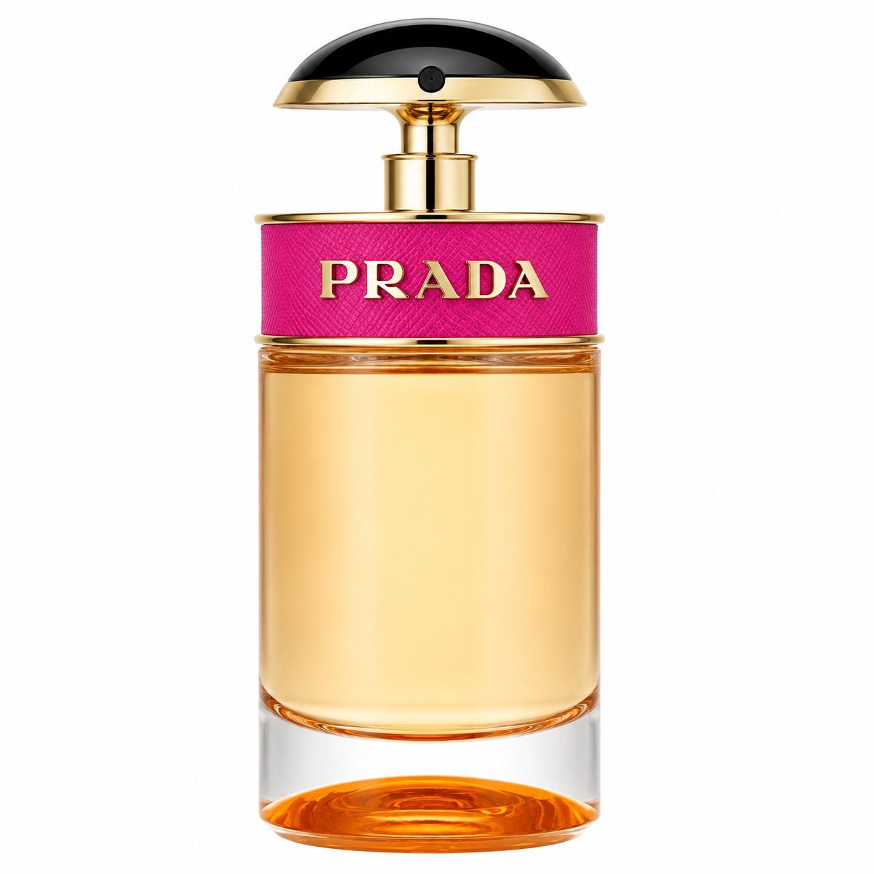 Prada Candy Eau de Parfum bottle isolated on a white background, featuring a cylindrical clear glass bottle filled with golden amber fragrance, accented by a vibrant pink Saffiano leather-inspired band with gold Prada lettering and a distinctive black-and-gold dome-shaped cap.