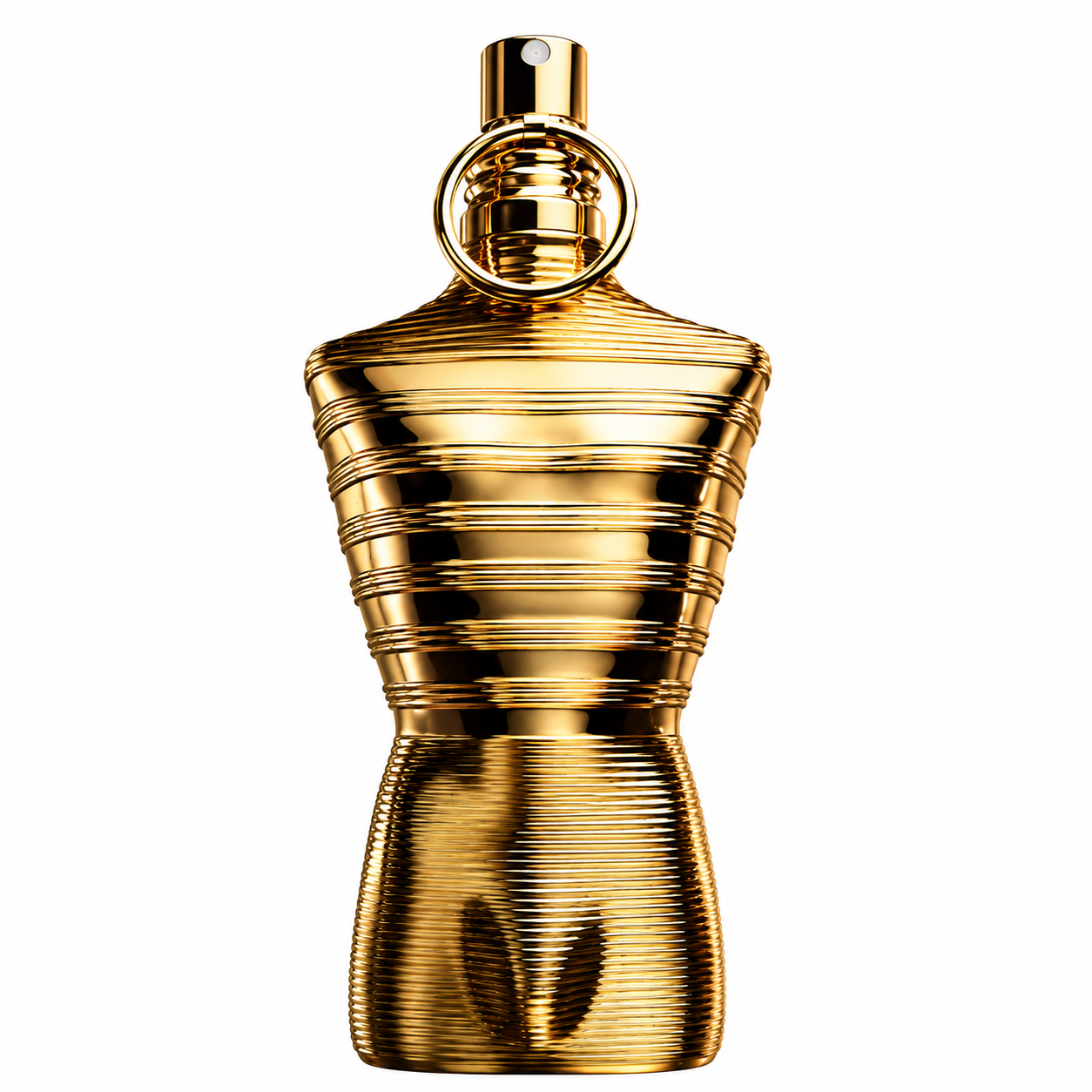 Jean Paul Gaultier Le Male Elixir Parfum perfume bottle isolated on a white background, featuring the iconic metallic gold male torso-shaped bottle with ribbed detailing and a gold spray nozzle.