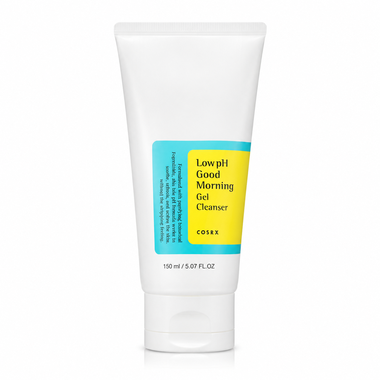 A white squeeze tube of COSRX Low pH Good Morning Gel Cleanser with a bright yellow and light blue label, set against a plain white background.