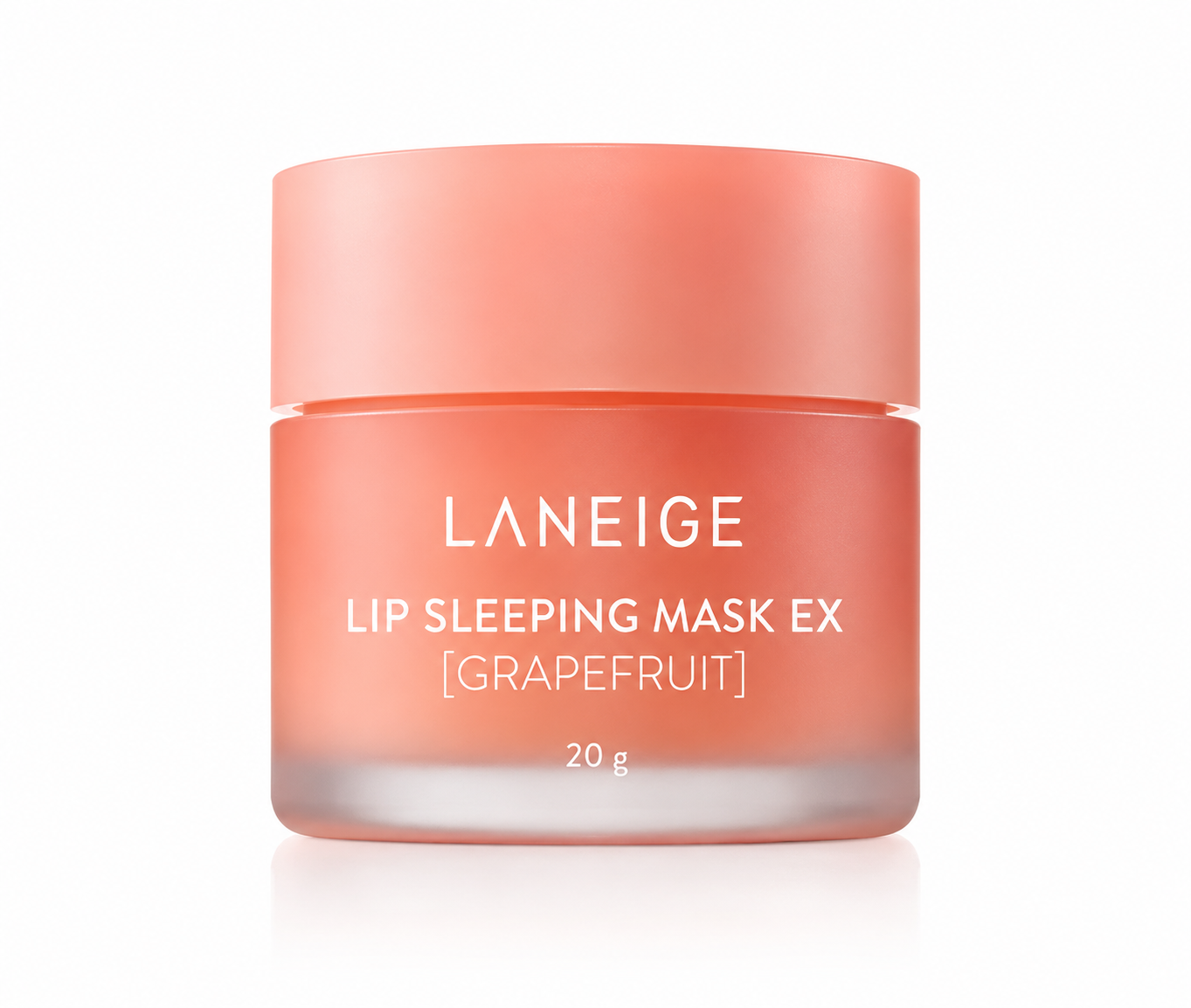 Laneige Lip Sleeping Mask EX Grapefruit (20g) in a frosted pink jar, isolated on a clean white background. This overnight lip treatment deeply nourishes and hydrates dry lips with Berry Fruit Complex™, coconut oil, shea butter, and murumuru seed butter, leaving lips soft, smooth, and refreshed with a juicy grapefruit scent by morning.