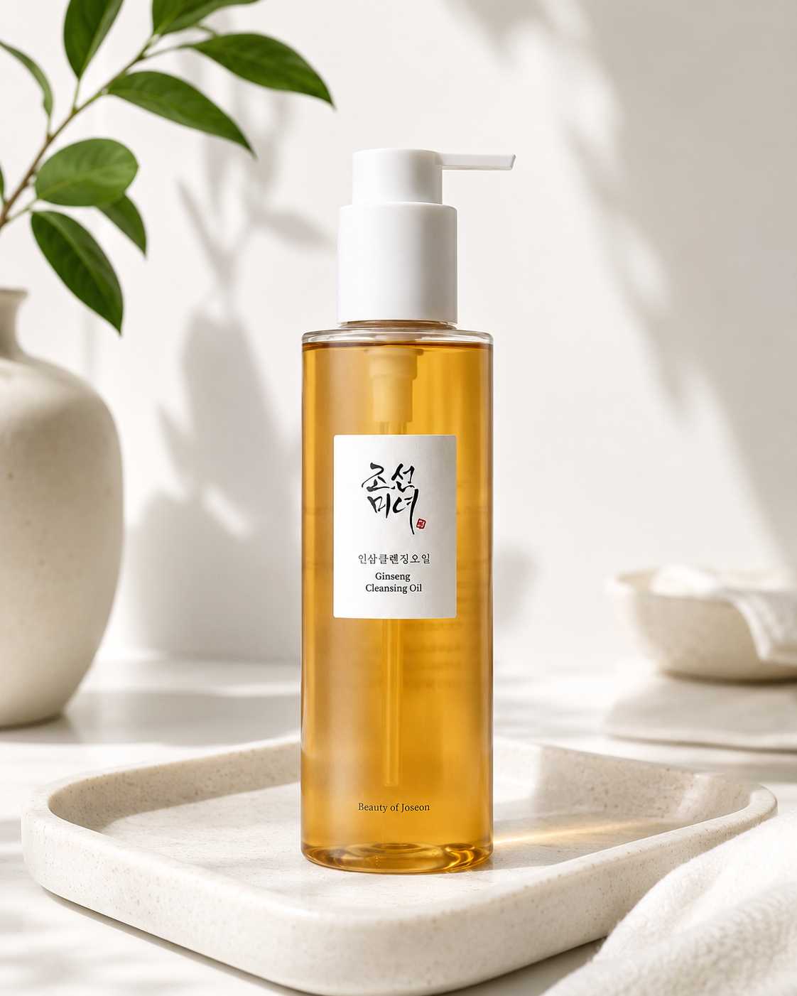 Beauty of Joseon Ginseng Cleansing Oil 210ml elegantly displayed on a minimalist ceramic tray in a warm spa-inspired setting with soft natural light, ceramic accents and fresh greenery, highlighting its luxurious oil texture and gentle deep-cleansing benefits for a radiant, balanced and healthy-looking complexion.