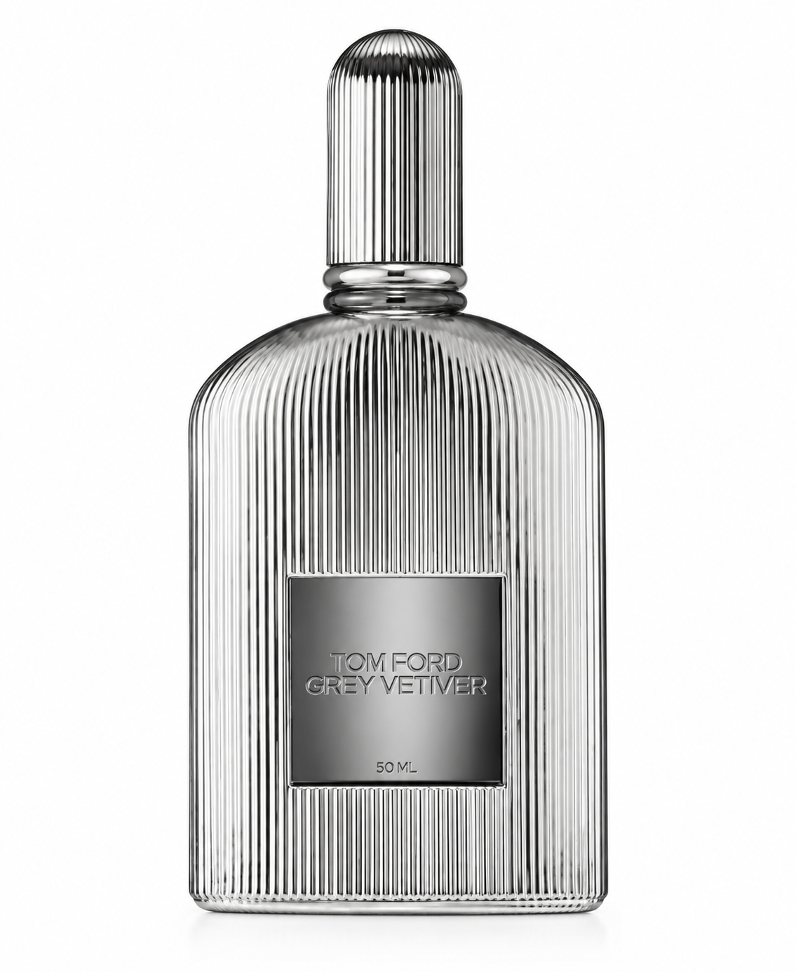 Tom Ford Grey Vetiver Parfum in its distinctive polished silver fluted bottle with matching ribbed cap and dark metallic front plaque, photographed against a clean pure white background.